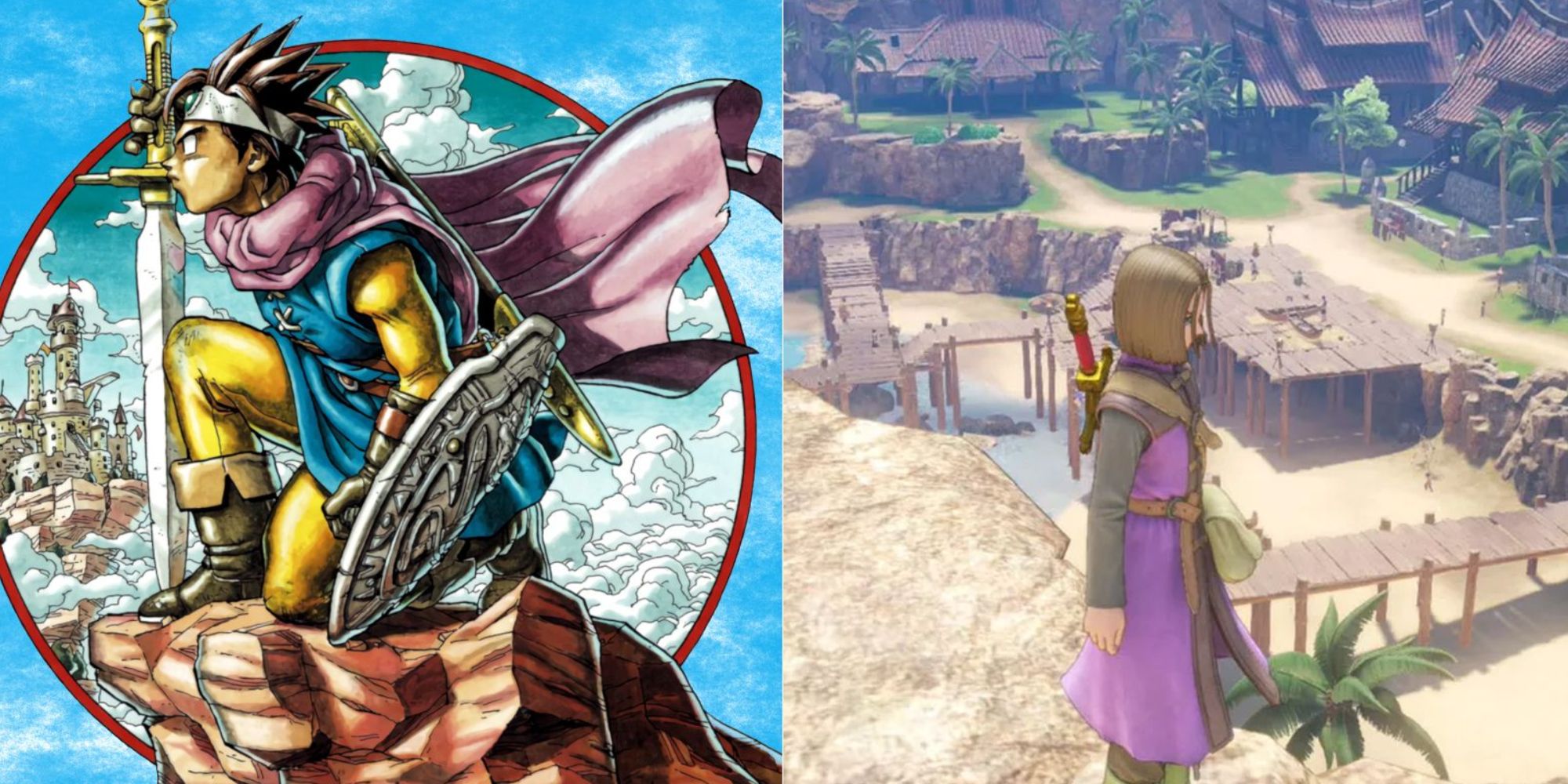 DQ3 and DQ11 Heroes peering from a clffside
