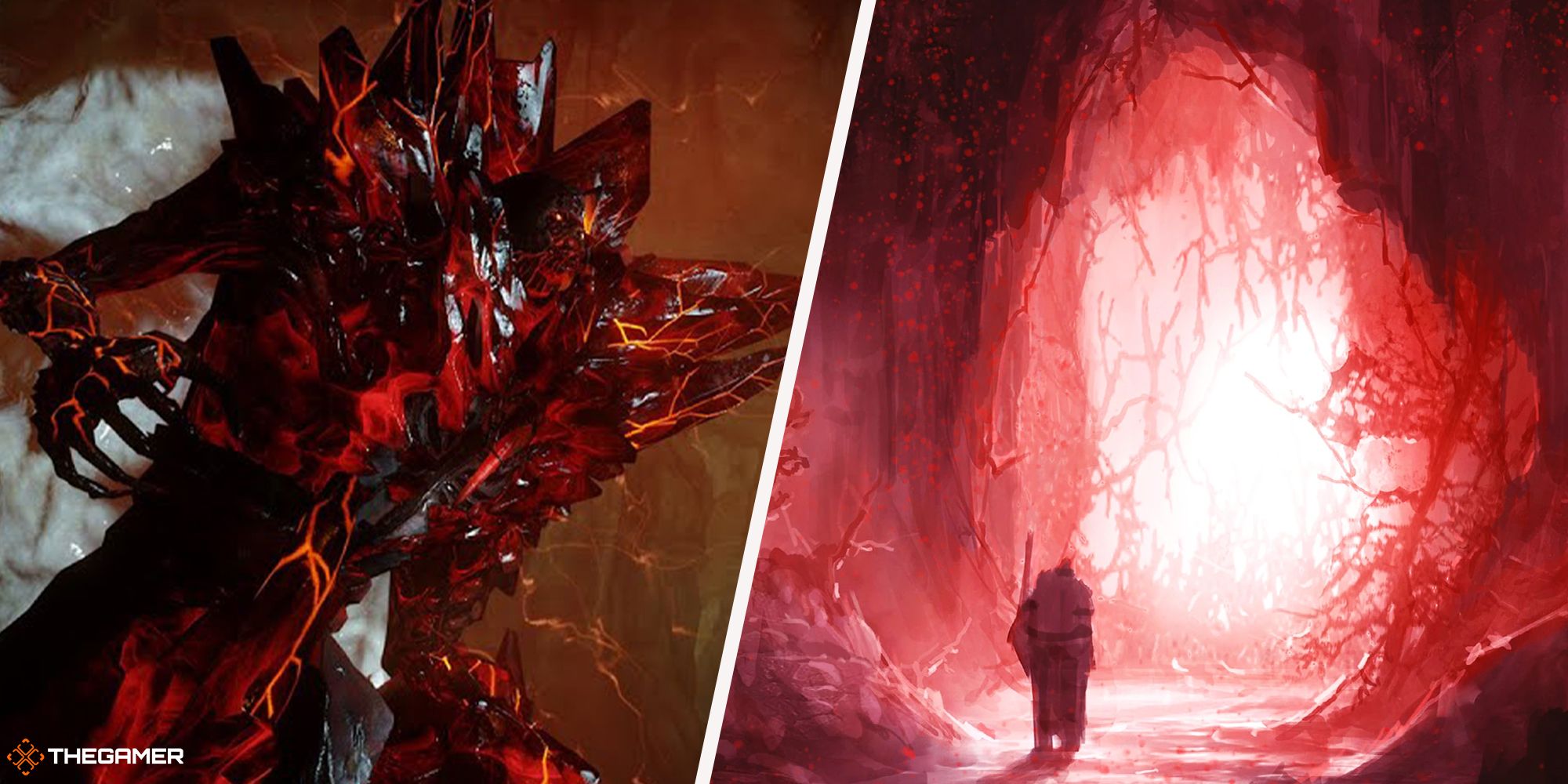 Dragon Age - red lyrium veins on right (concept art), behemoth from Dragon Age: Inquisition on left