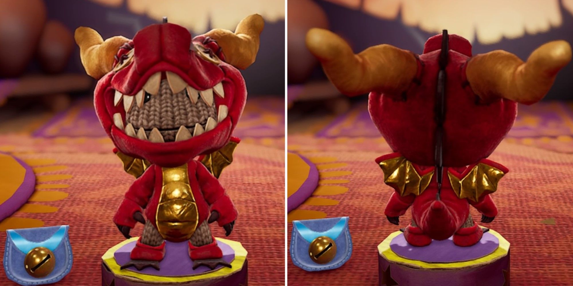 Two screenshots of the Dragon Costume from Sackboy: A Big Adventure.