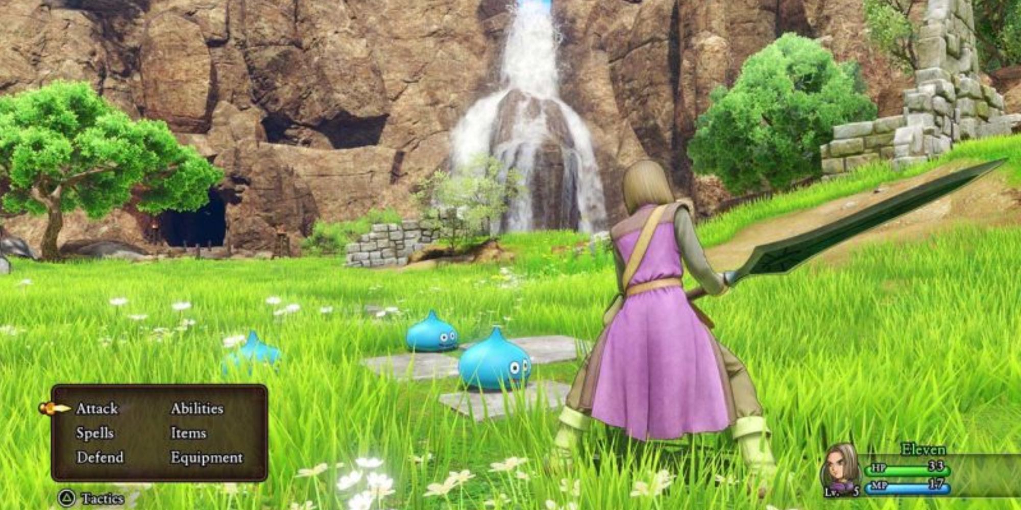 dragon quest 11 Luminary in combat against Slimes.