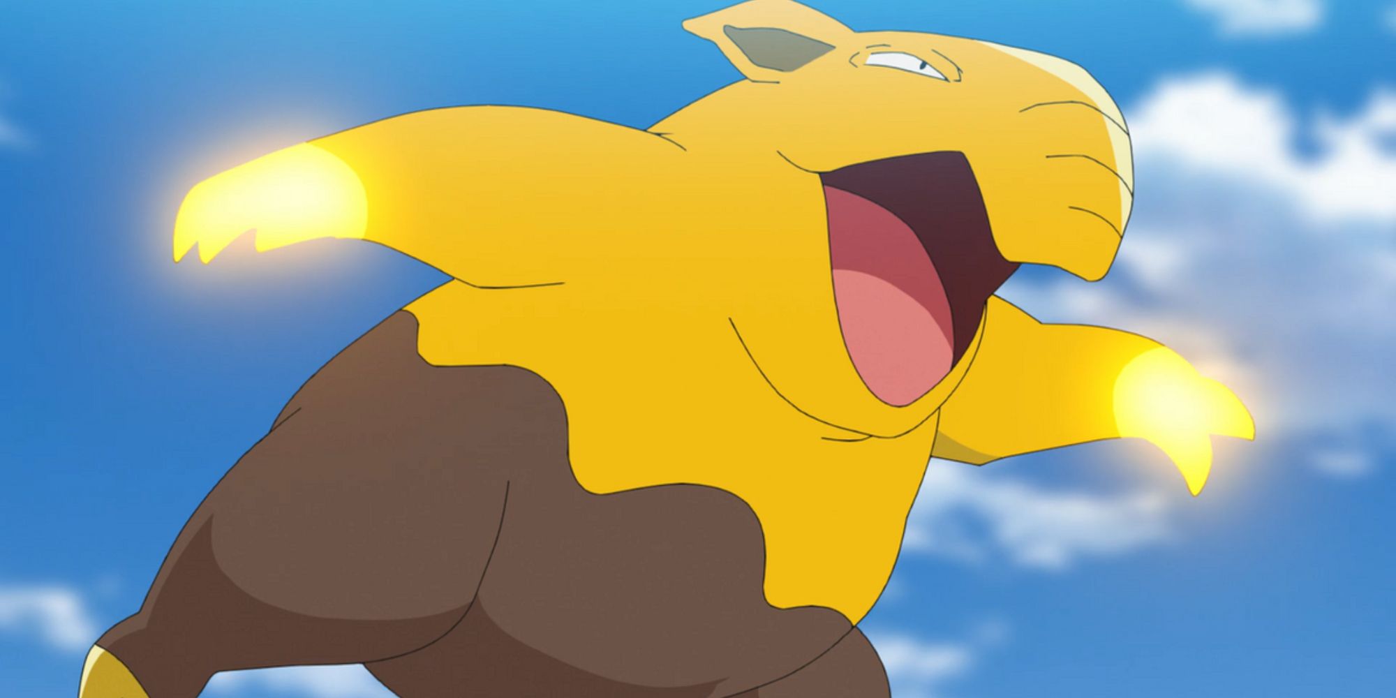 Drowzee leaping through air with glowing claws in Pokemon Anime