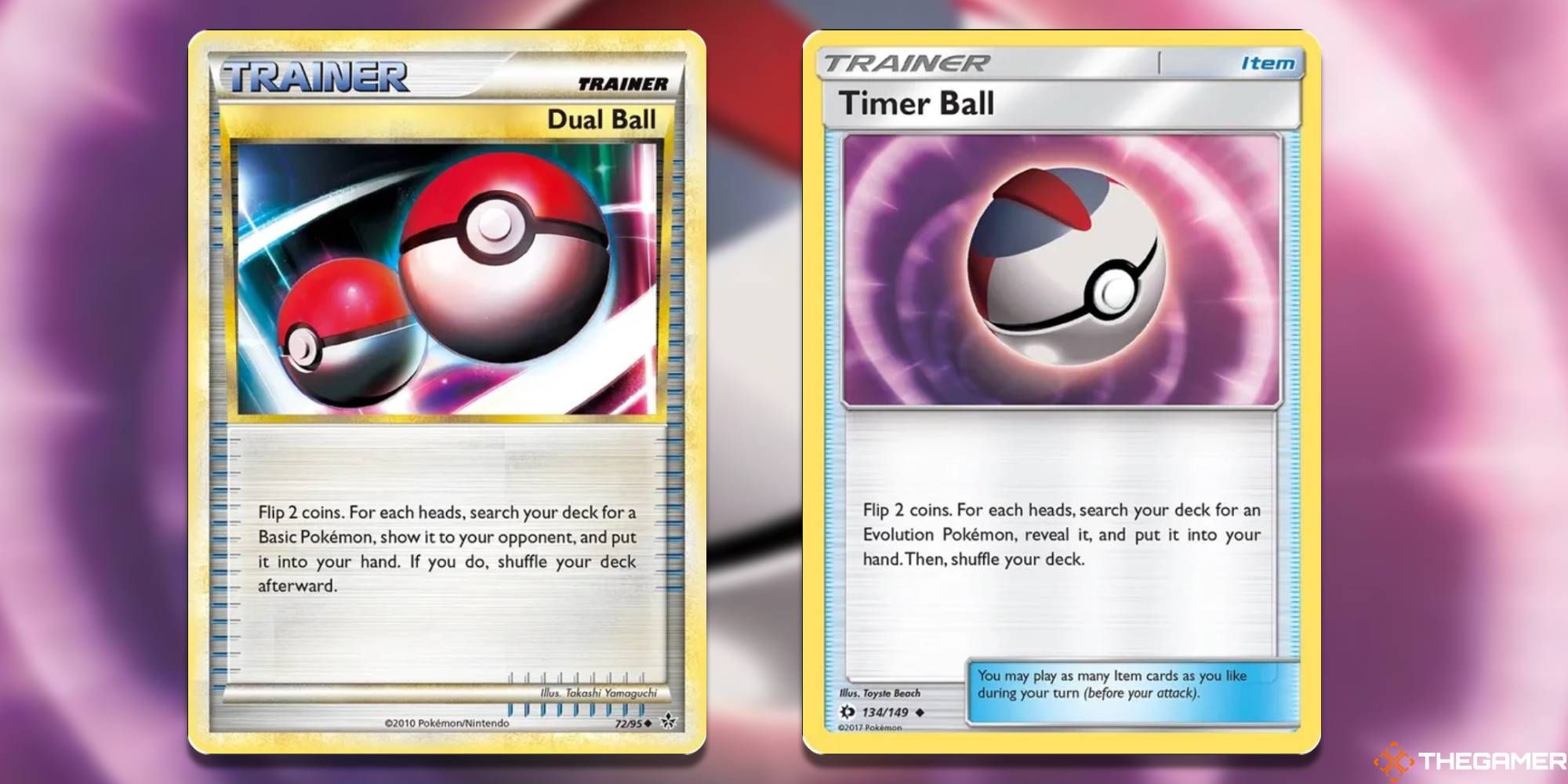 Dual Ball & Timer Ball from the Pokemon TCG, with blurred background