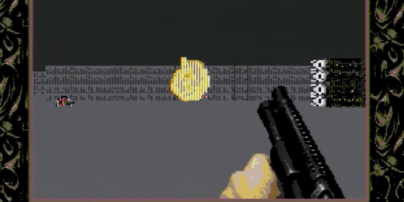 Duke blowing up a sentry drone with a shotgun from the Genesis version of Duke Nukem 3D.