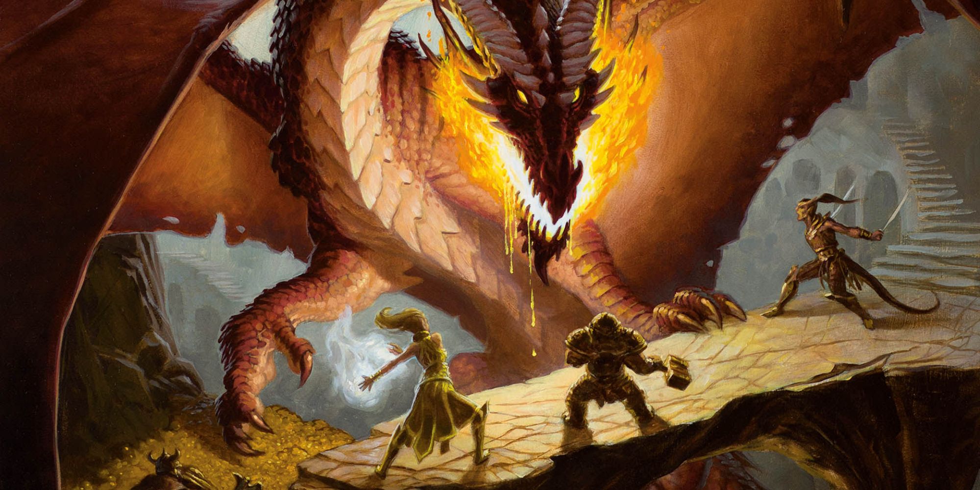 Four Dungeons and Dragons character fighting a dragon