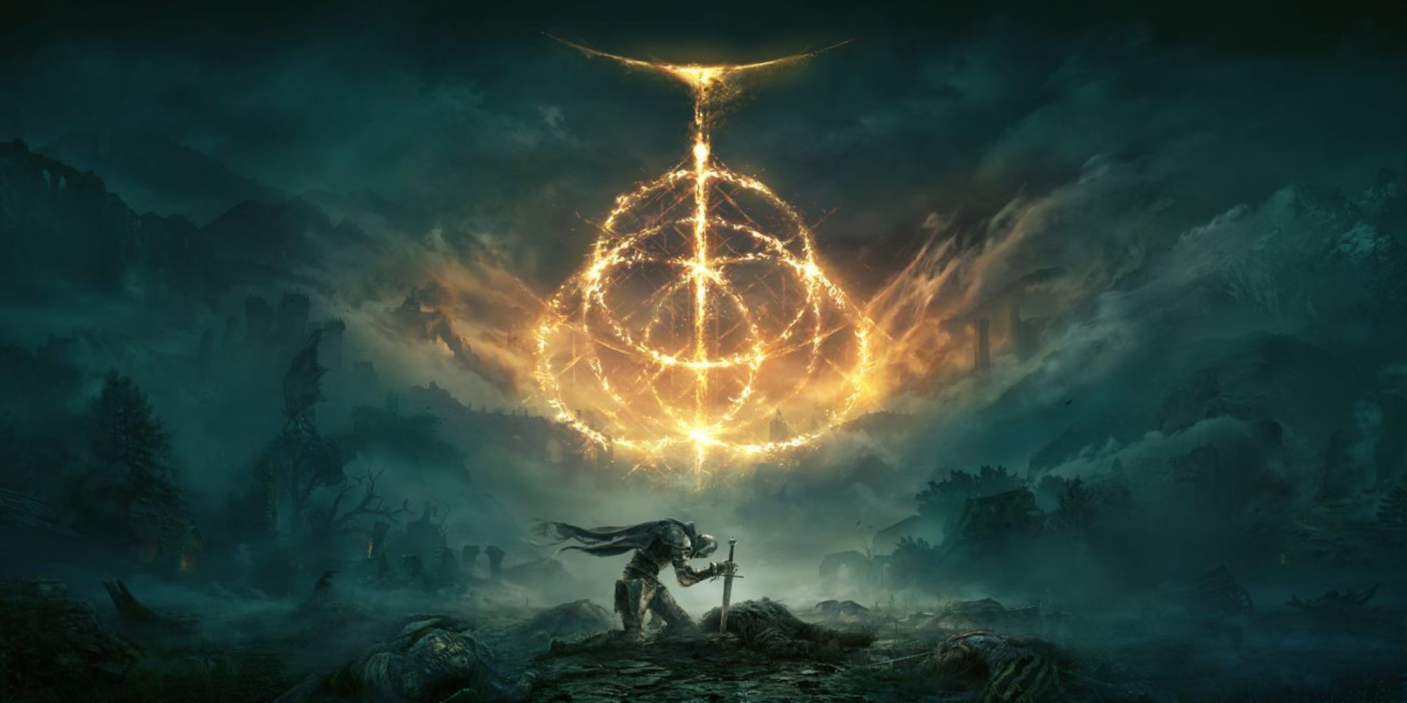 Elden Ring cover photo with a figure bending over underneath a bright symbol in the dark sky.