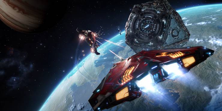 A red starfighter chases after and fires upon another starfighter above a planet in Elite Dangerous.