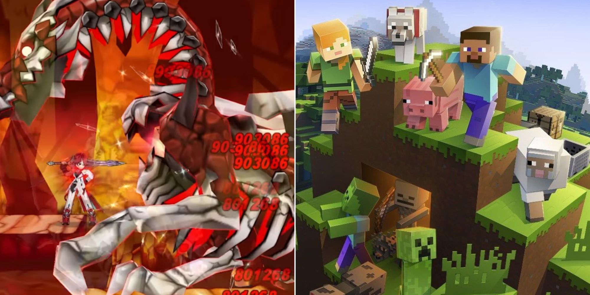 Elsword character fighting a giant monster (left) and Minecraft cover art (right)