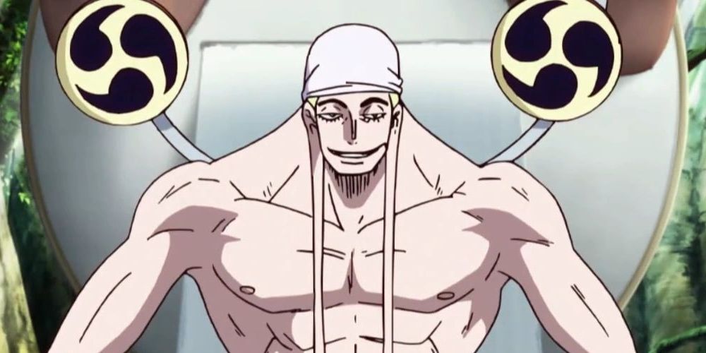 Enel sitting and grinning in the One Piece anime