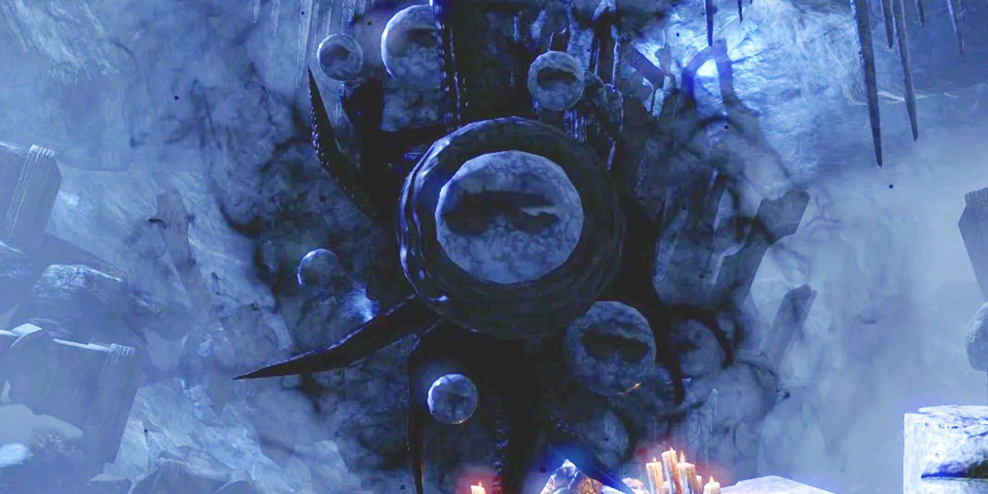 ESO Hermaeus Mora, a floating mess of black tentacles and eyes, in an ice cavern above some candles
