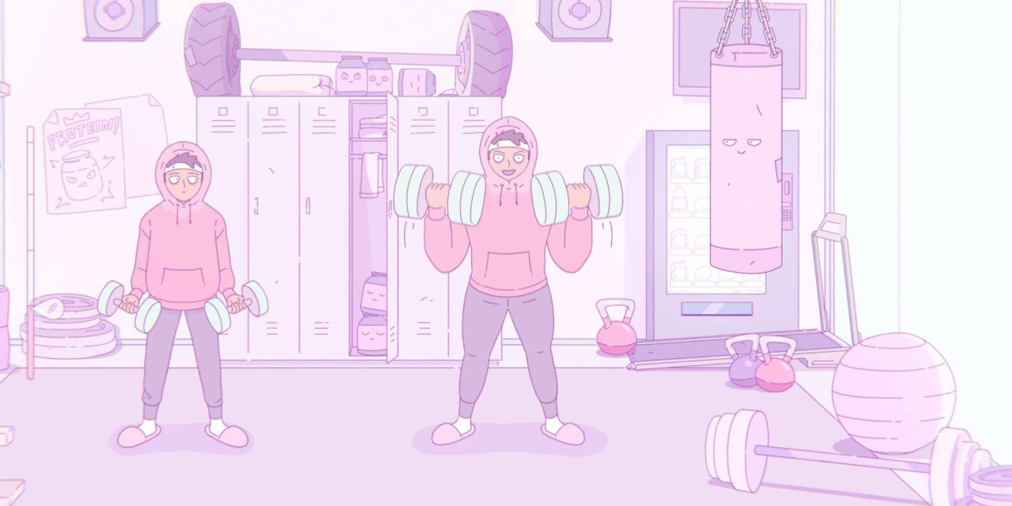 Two guys wearing pink sweaters lift weights in a gym in Melatonin