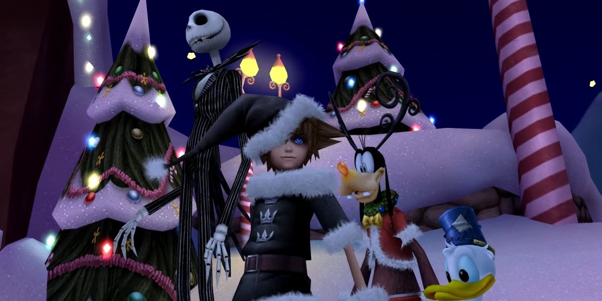 sora, donald, and goofy standing with jack skeleton in christmas land