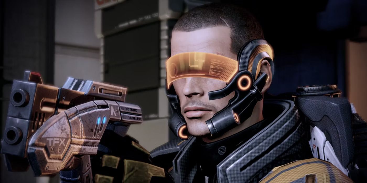 Commander Shepard wearing a visor and aiming a pistol