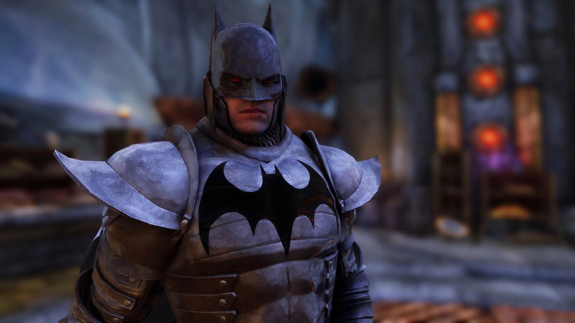 Batman mod for Skyrim featuring a character resembling actor Ben Affleck wearing a heavy suit of armor with a hood