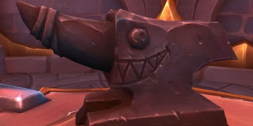 A very cheerful anvil sitting on a table in the video game World of Warcraft