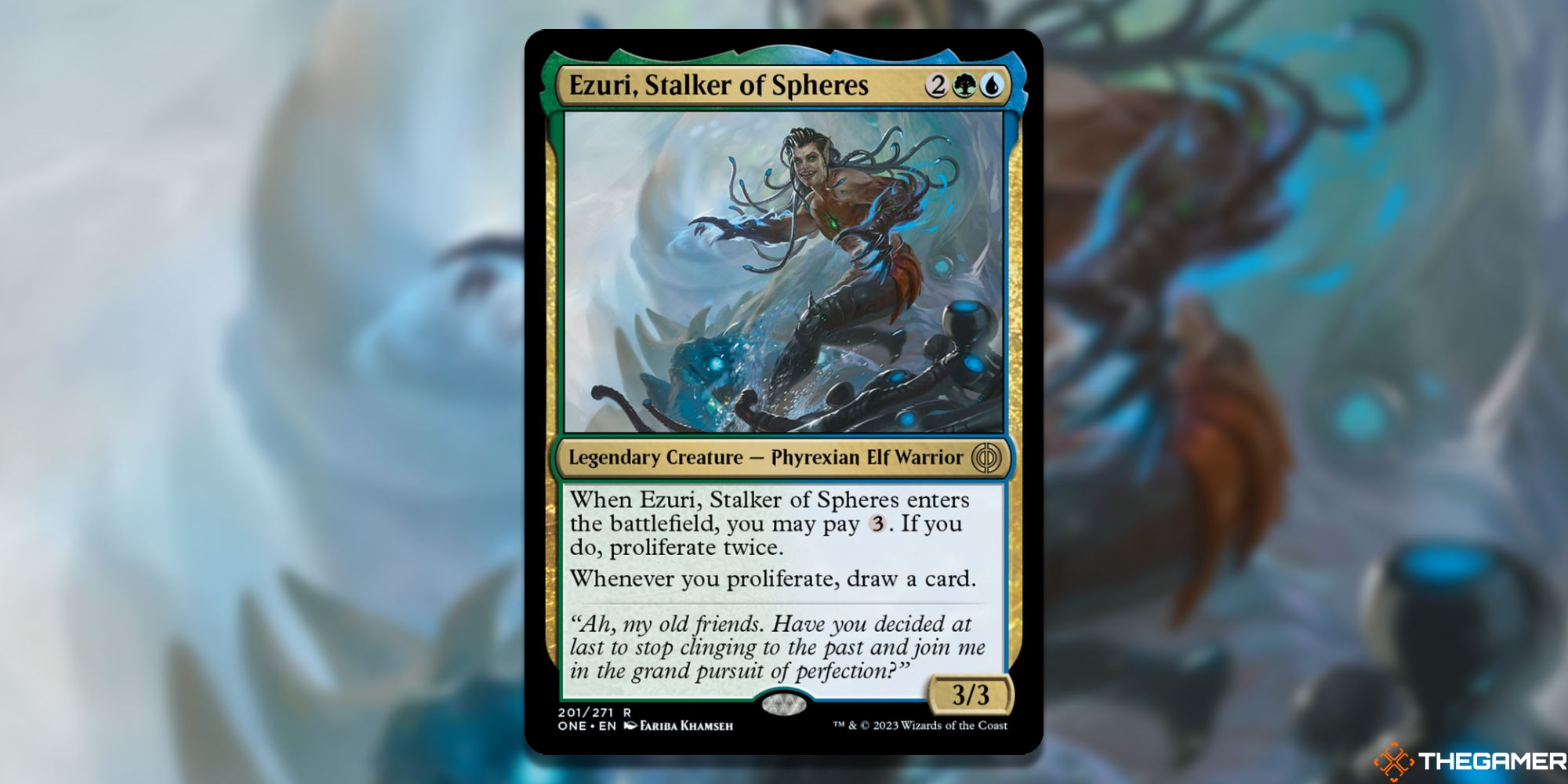 Image of the Ezuri Stalker of Spheres card in Magic: The Gathering, with art by Fariba Khamseh