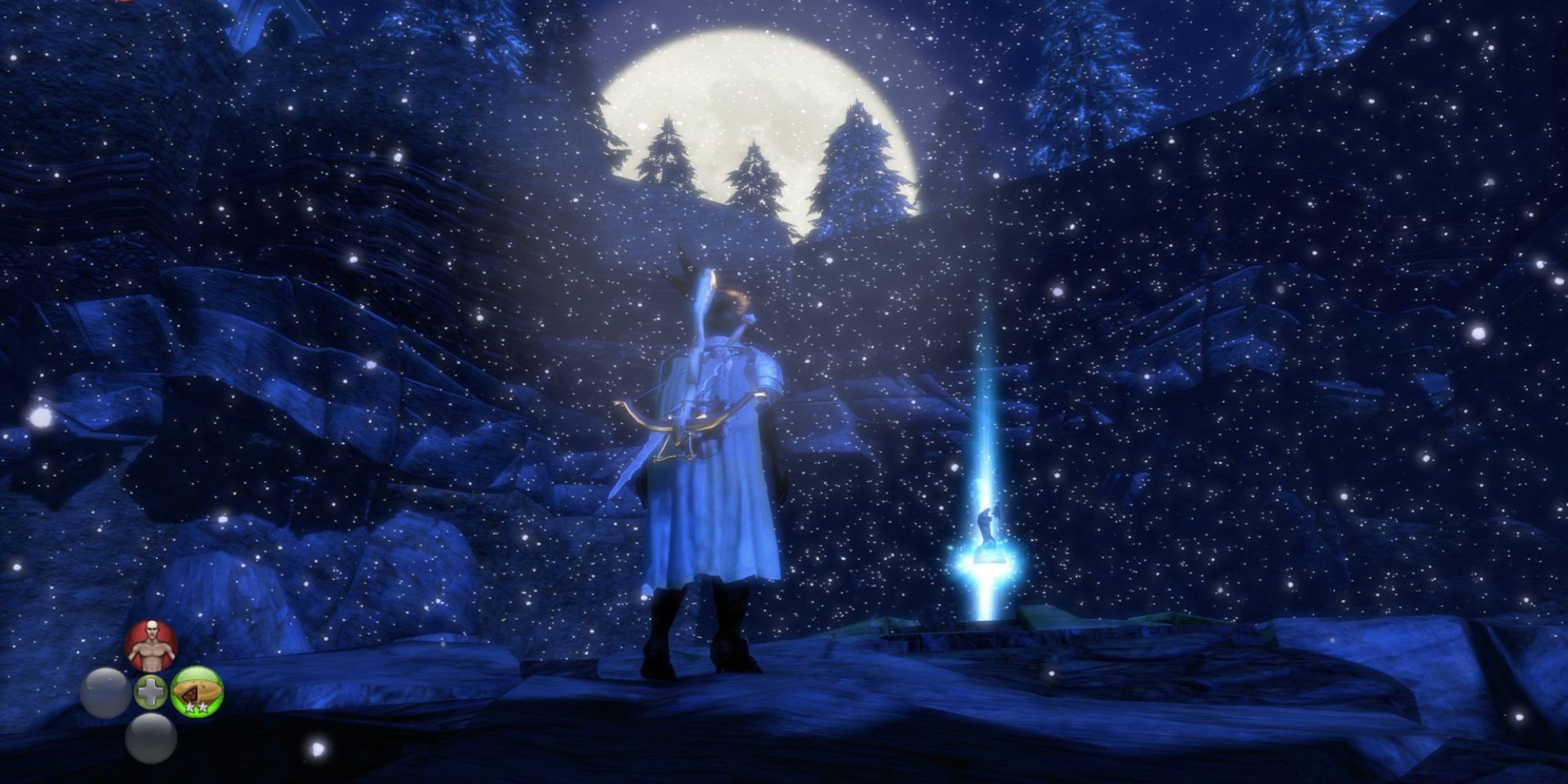 Snow falls in Fable 2. The hero stands with her back to the camera, wearing a cape. 