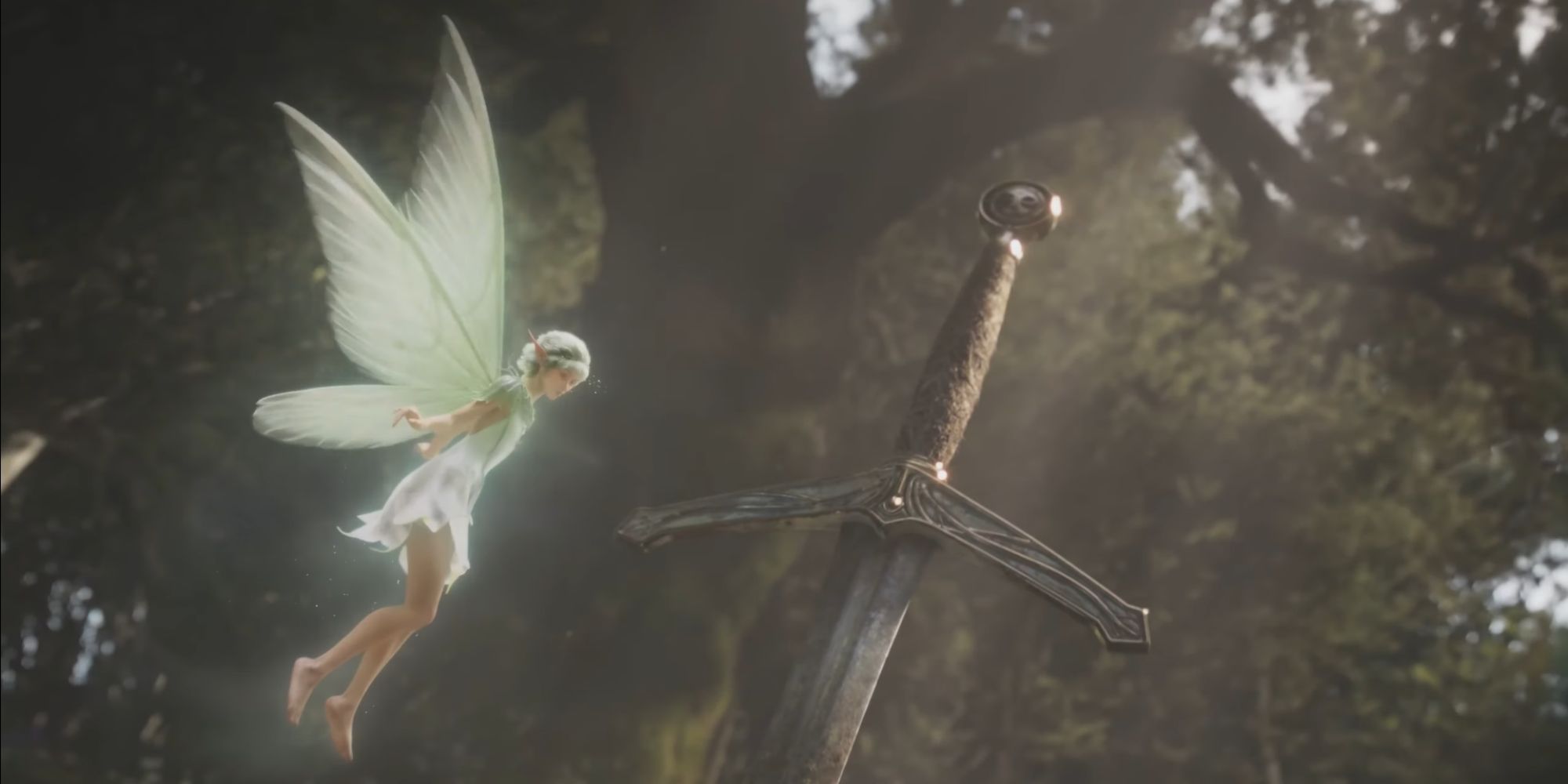 A small fairy investigates a sword left in the ground, in an image from the Fable 4 trailer