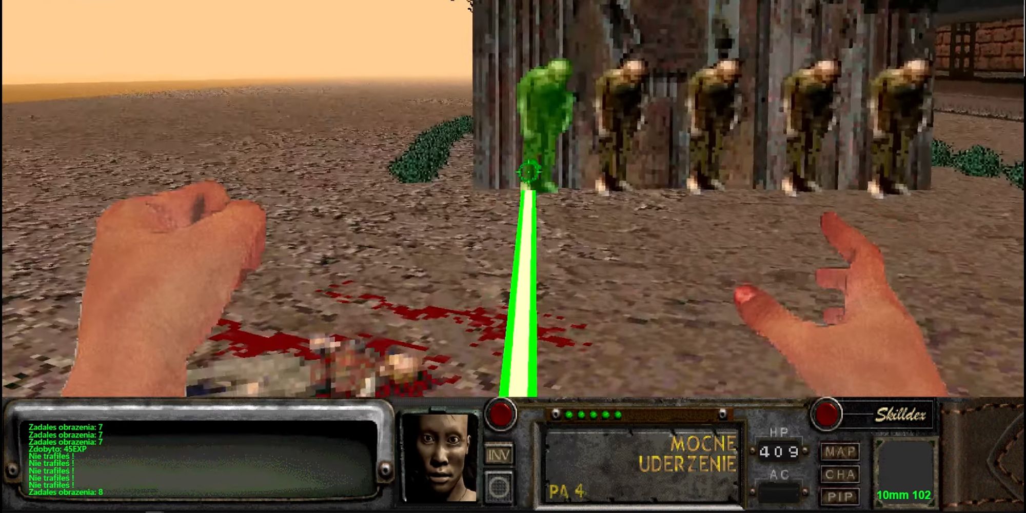 Fallout 2 first-person view, hands raised and ready to punch dummy corpse with green line pointing the way