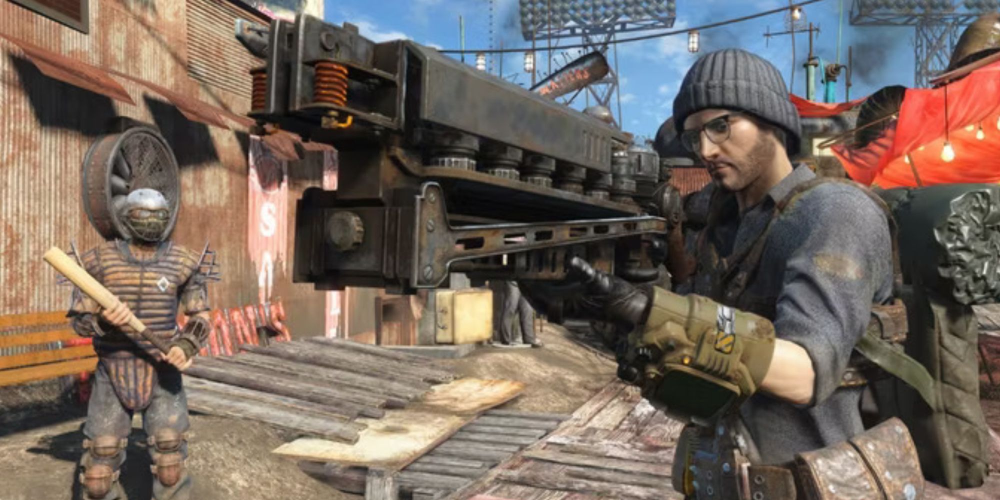 Fallout 4 Character holding a bulky, intimidating Gauss Rifle.