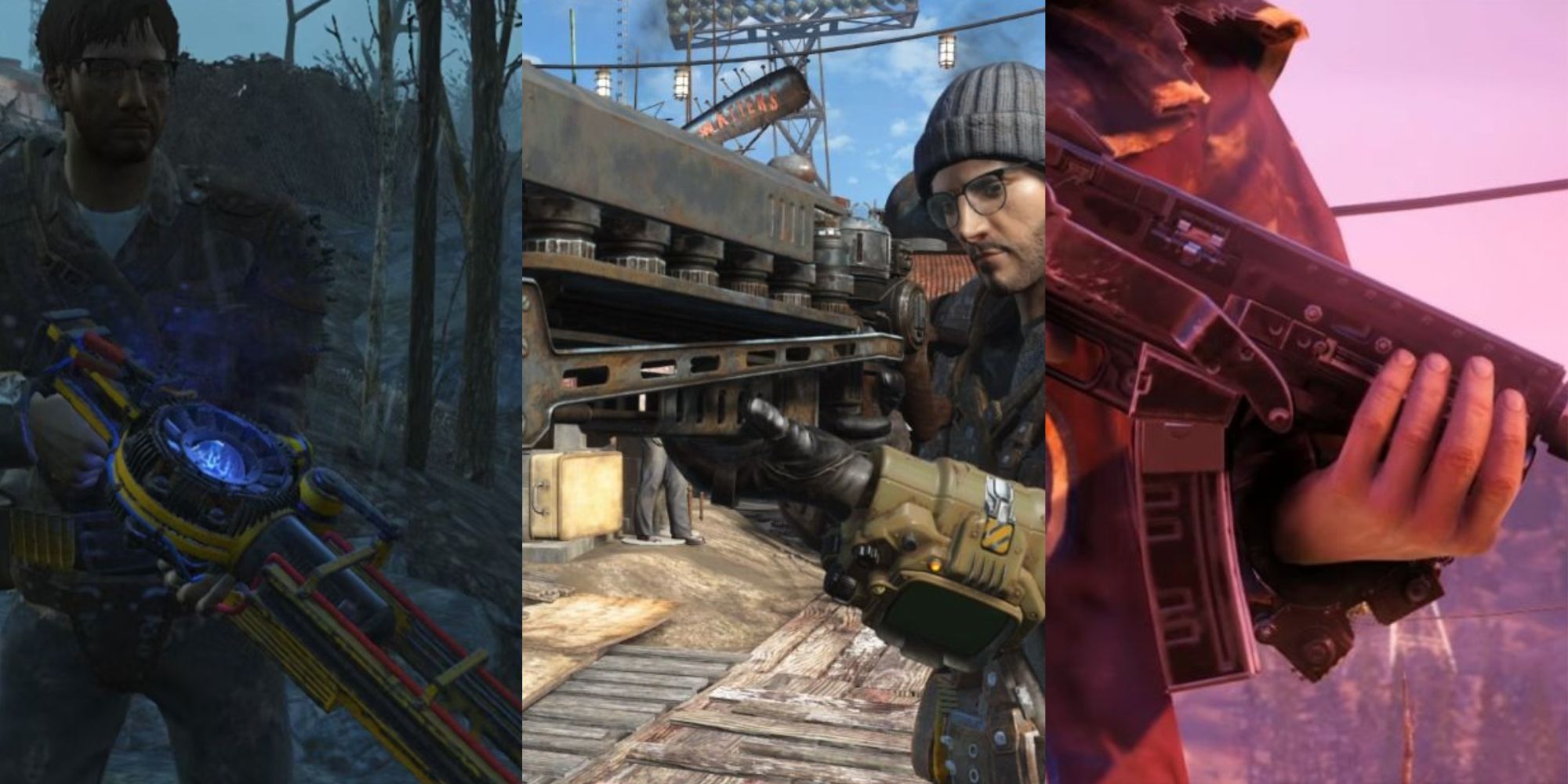 Split image screenshots of characters holding various weapons in Fallout 76.