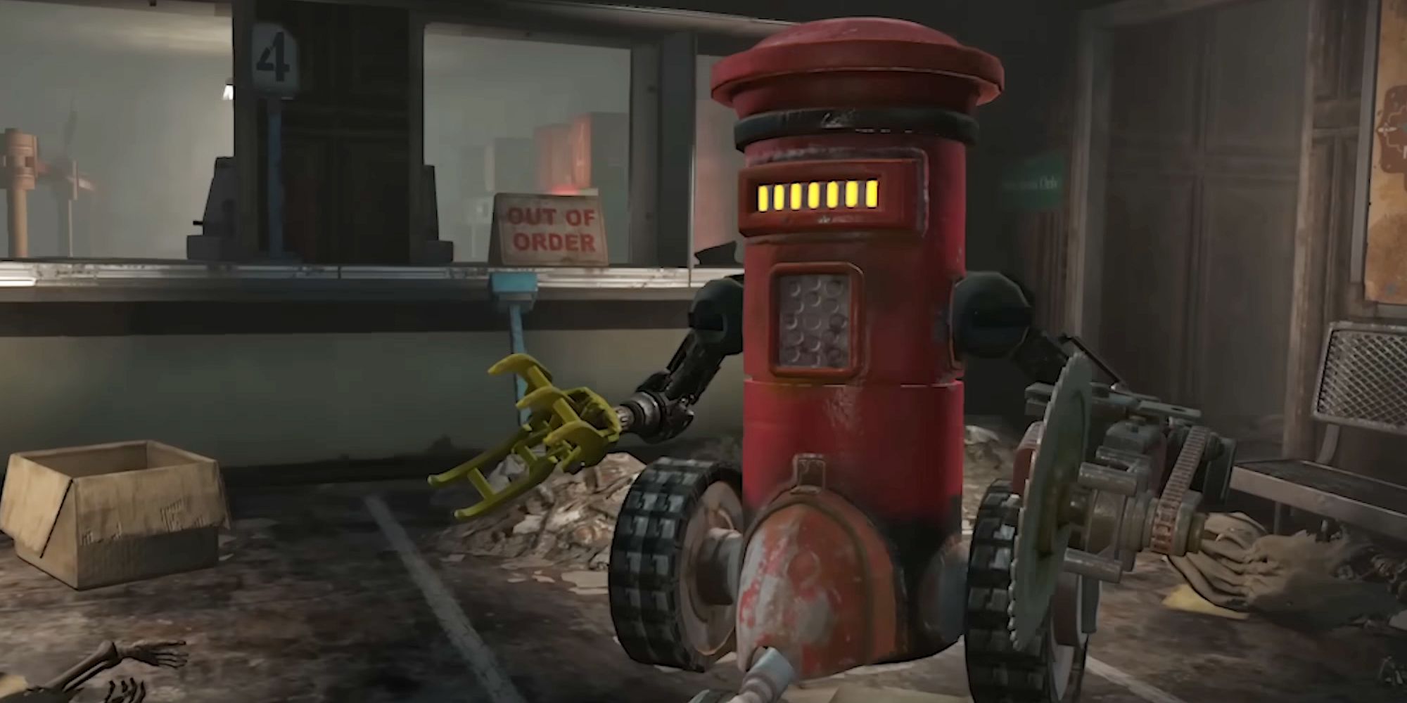 Fallout London mod Postbox Robot with a sawblade for a hand rolling around a till