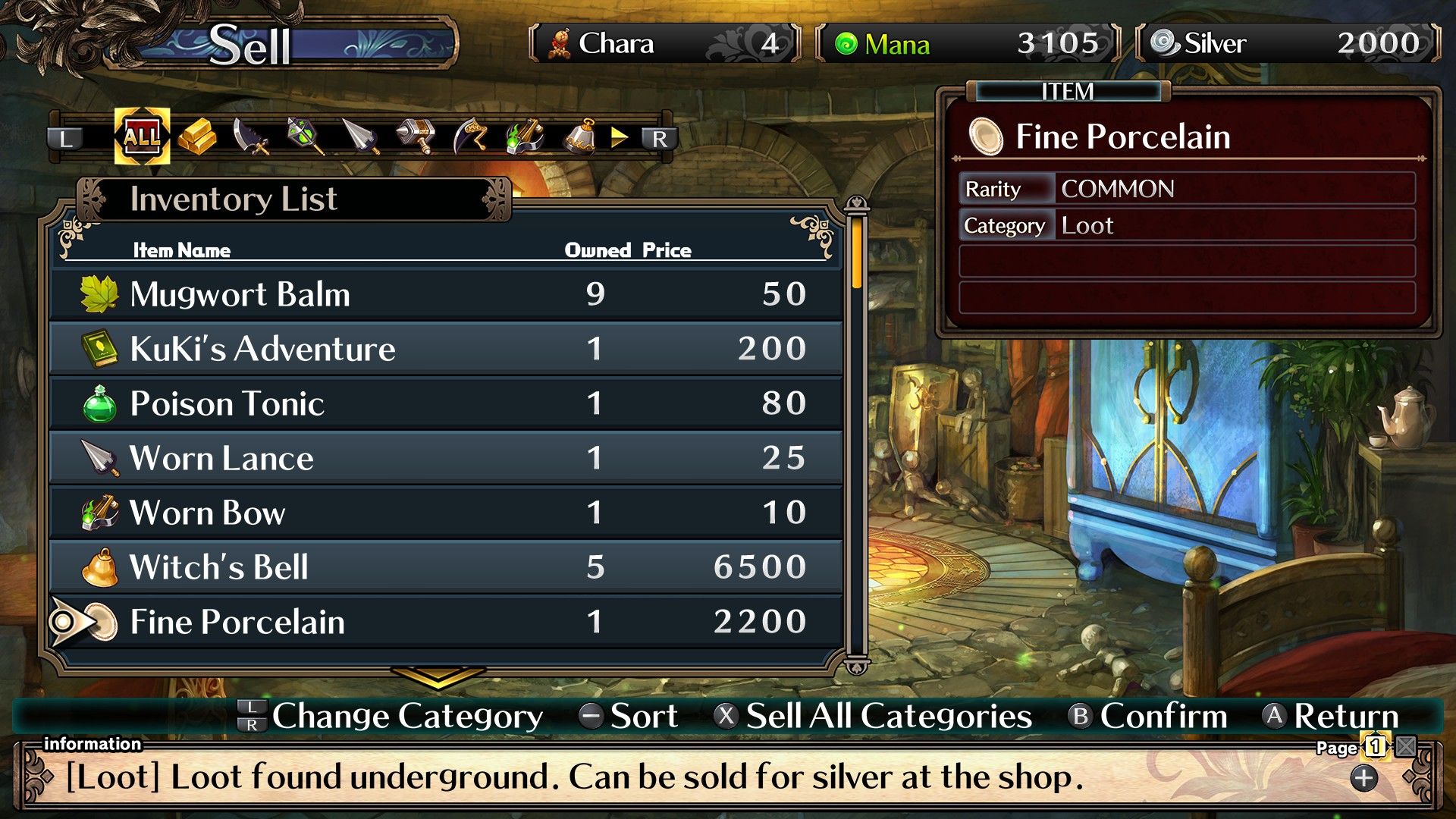 Игрок посещает универсальный магазин, чтобы продать предметы в Labyrinth Of Galleria: The Moon Society.