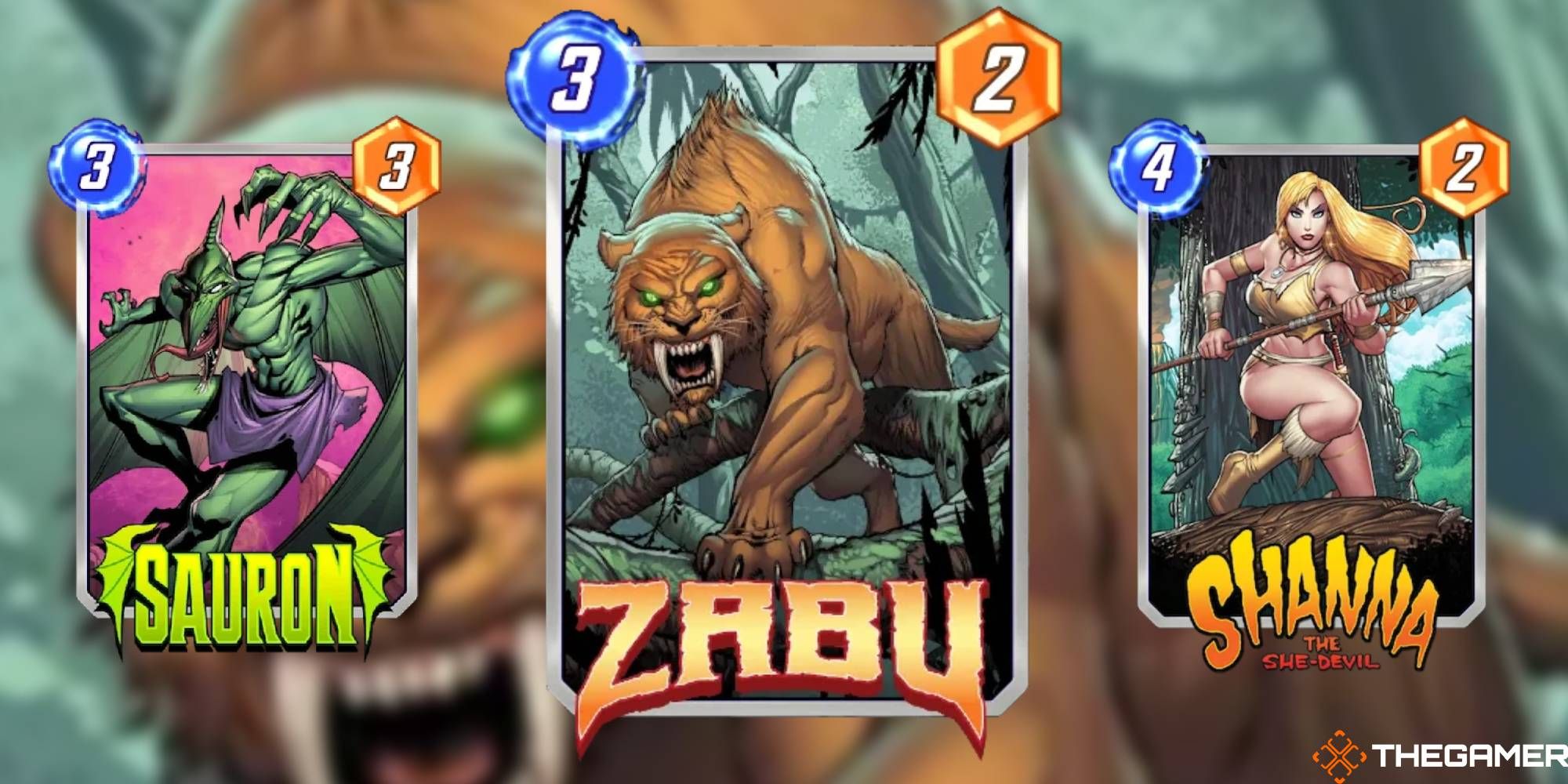 Marvel Snap: Cards from Savage Land, Ranked, Feature Image: Sauron, Zabu and Shanna