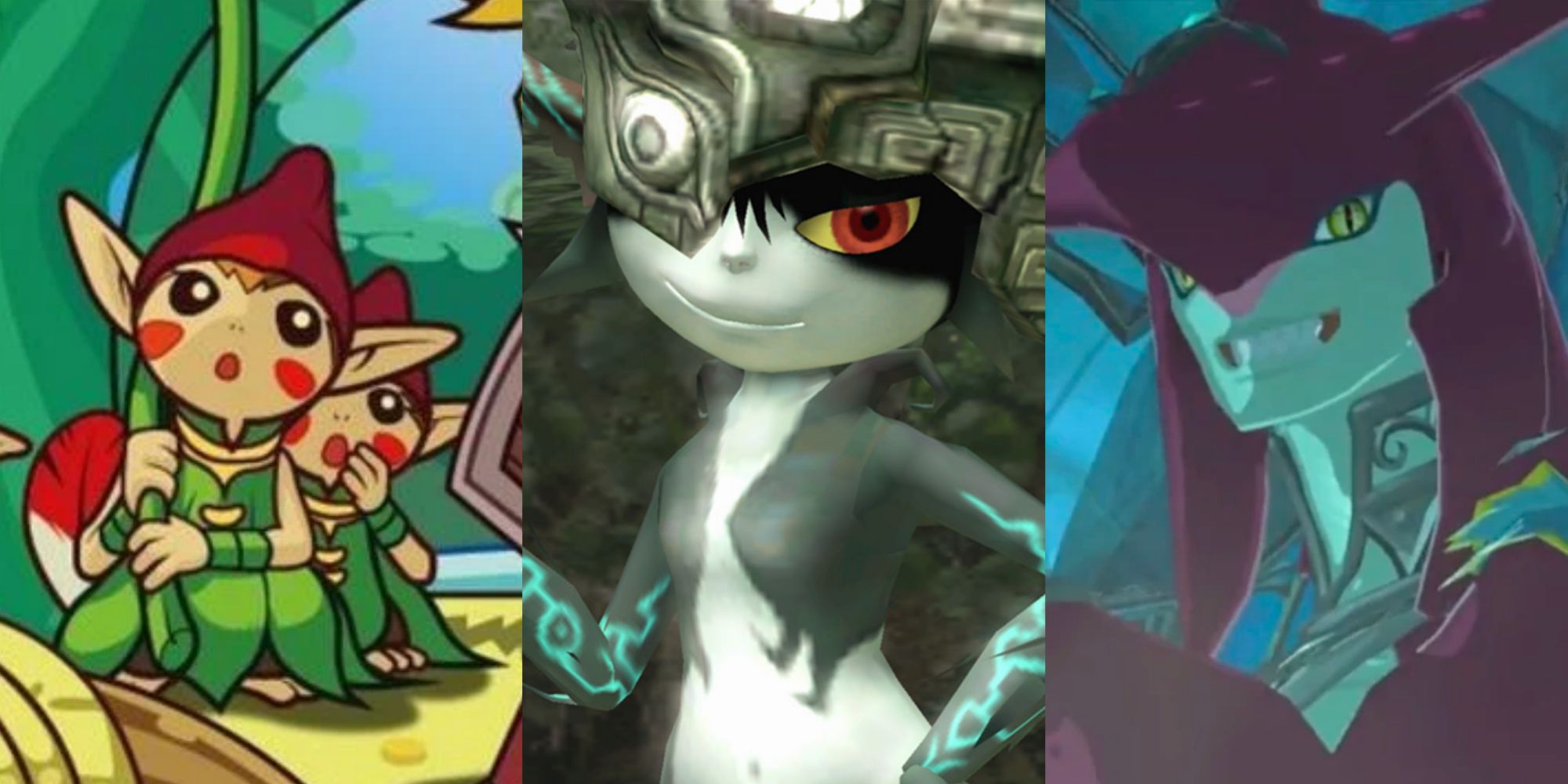Split image screenshots of various Minish from The Minish Cap, a close up of Midna from Twilight Princess, and close up of Sidon from Breath of the Wild.