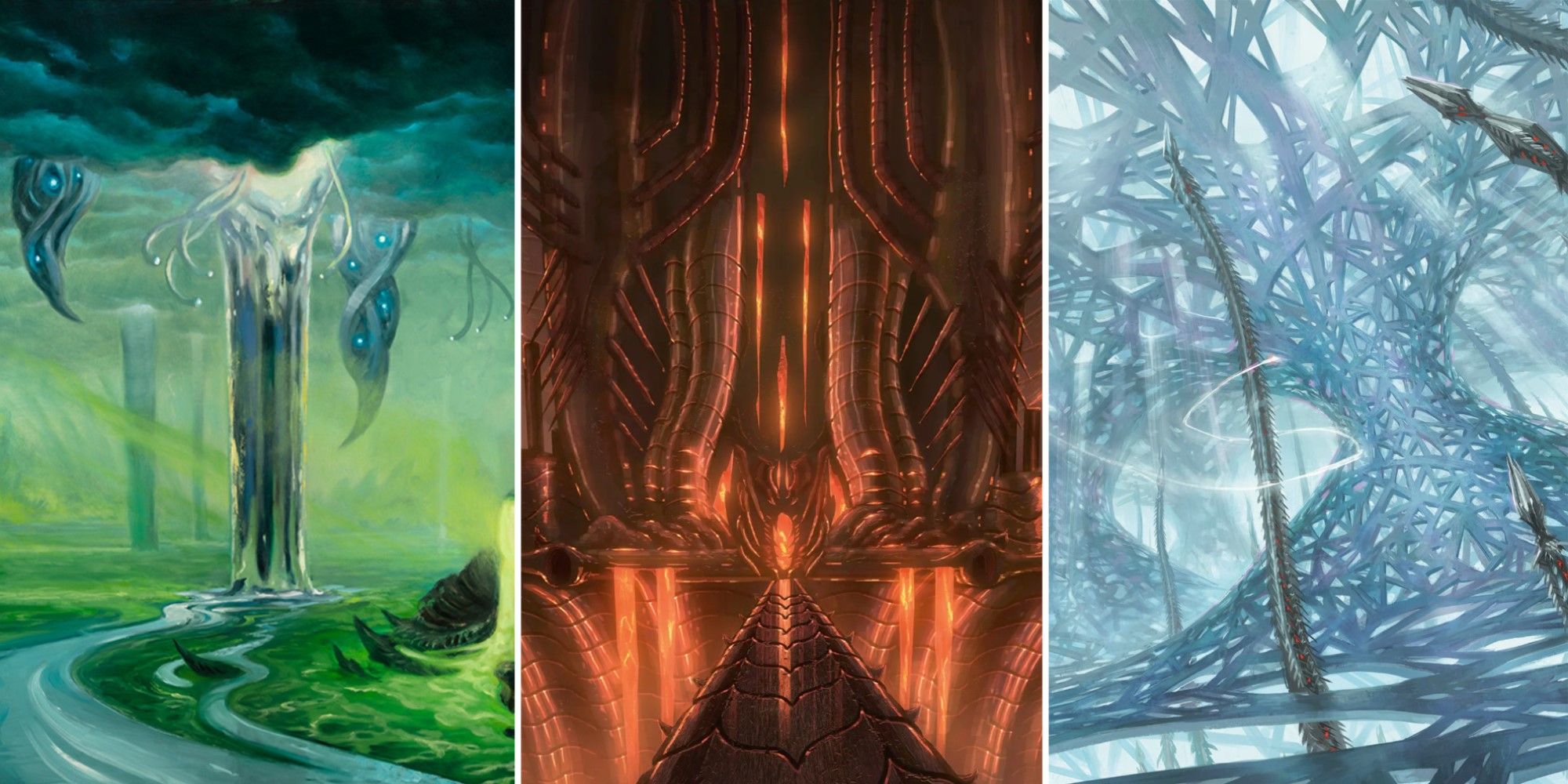 Artwork of three different land cards from the Magic: The Gathering expansion Phyrexia: All Will Be One.