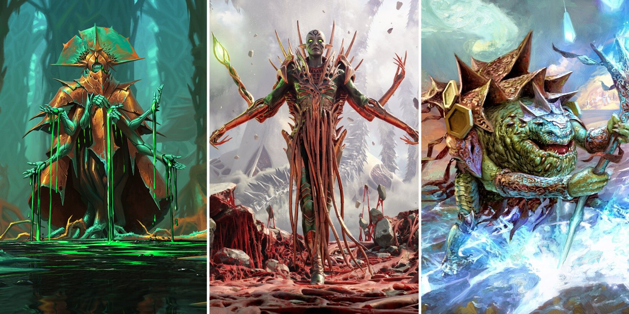 Artwork from three green cards from the Magic: The Gathering expansion Phyrexia: All Will Be One.