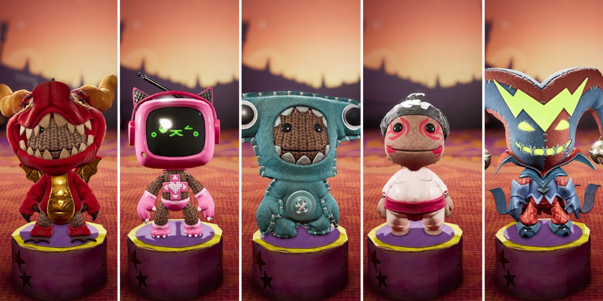 Screenshots of five different costumes from Sackboy: A Big Adventure.