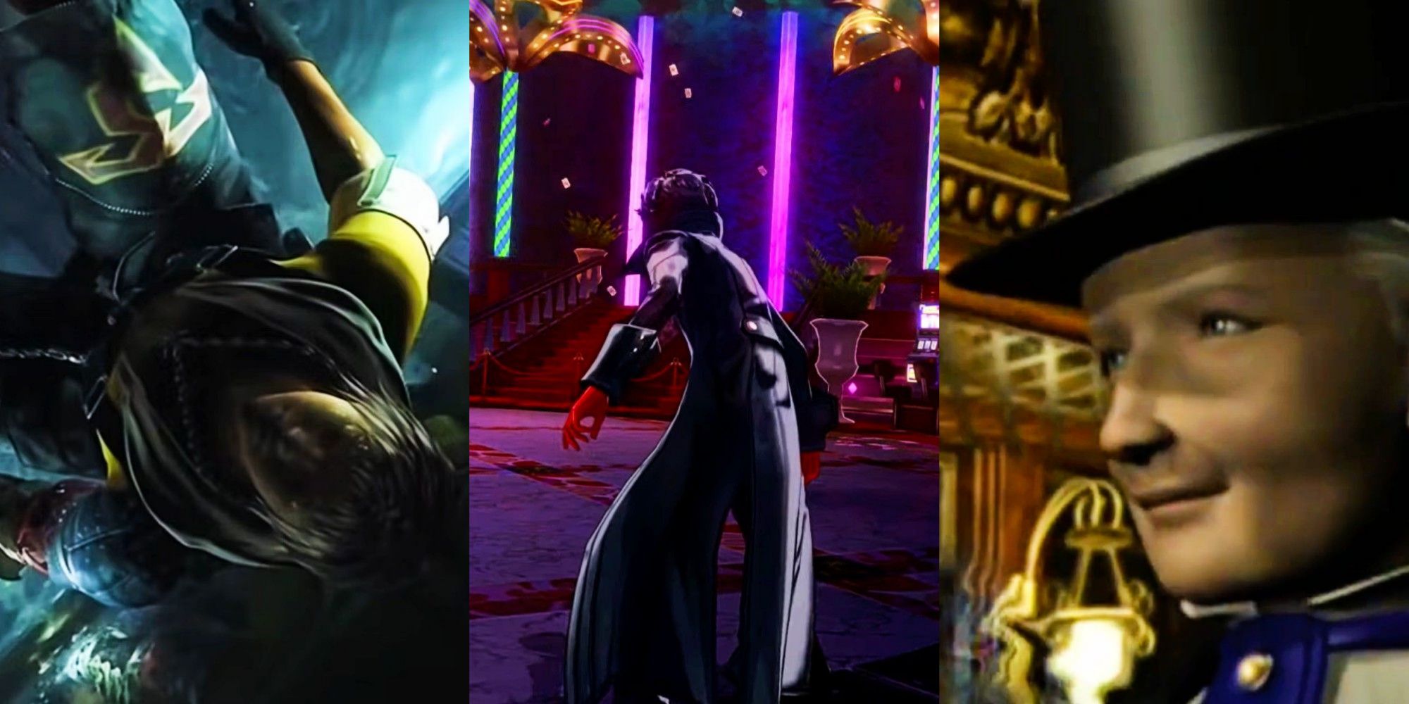 Split image screenshots of Tidus in the FF10 opening, Joker in the Persona 5 opening, and Roger Bacon in the Shadow Hearts 1 opening.