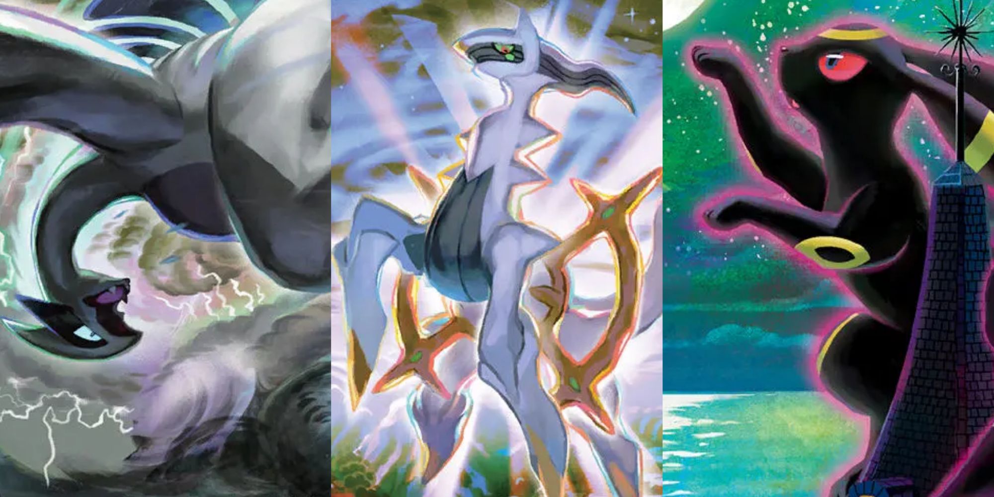 Split image screenshots of Lugia V (Silver Tempest #186) card, Arceus V (Brilliant Stars #166) card, and Umbreon VMAX (Evolving Skies #215) card.