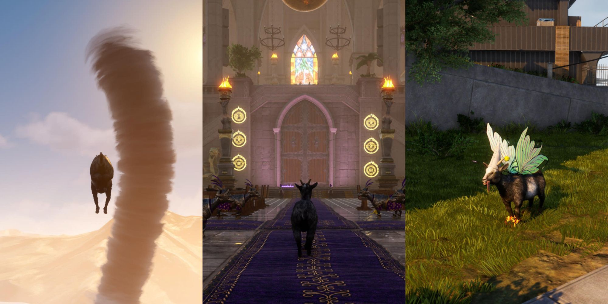 Goat Simulator: On the left, a goat in mid-air with a tornado. In the middle, a goat inside a castle. On the right, a goal wearing fairy wings and a dunce hat