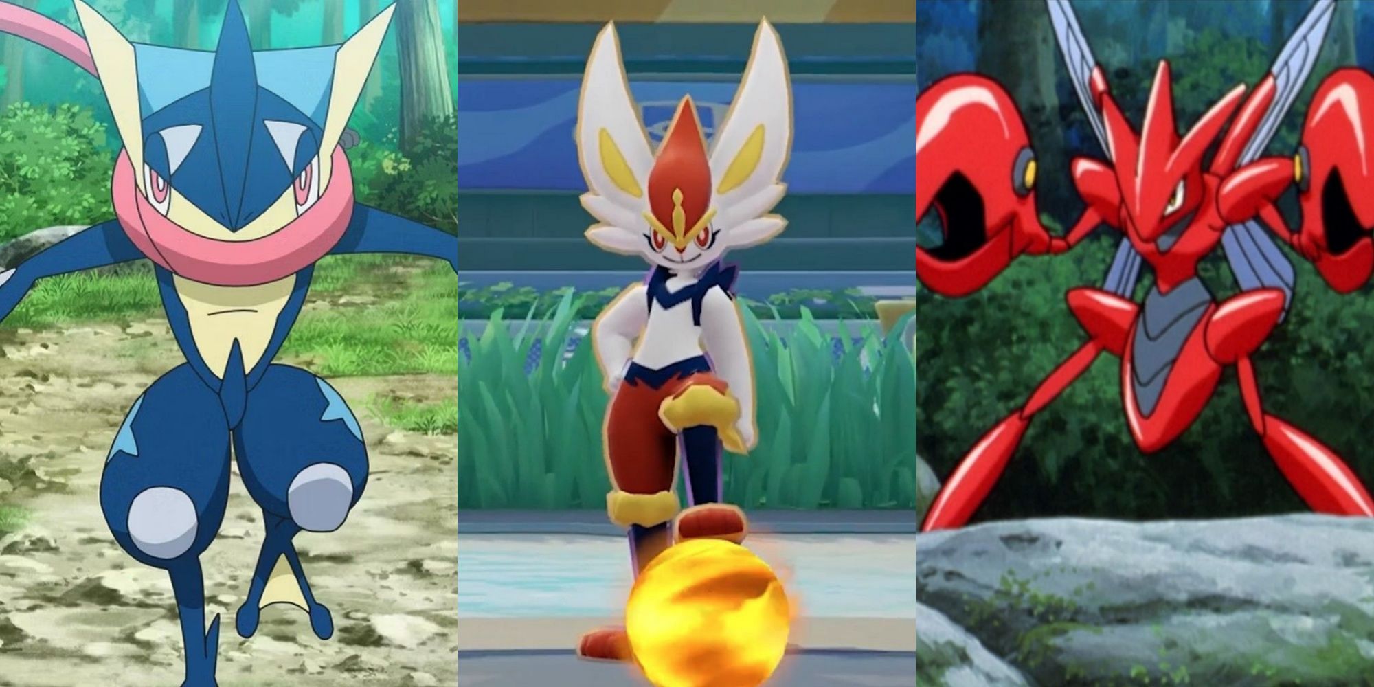 Split image screenshots of the Pokemon Greninja, Cinderace, and Scizor.
