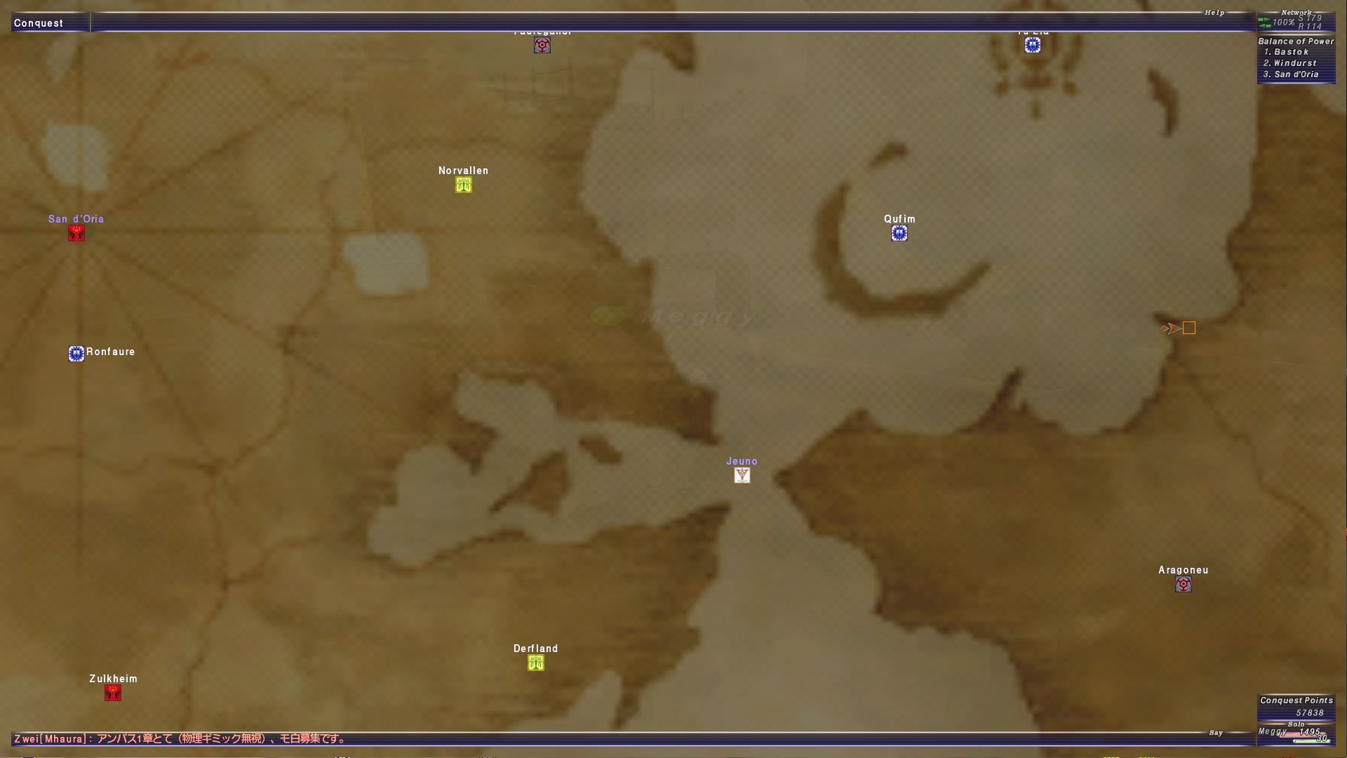 Final Fantasy 11 regional map displaying Conquest rankings.