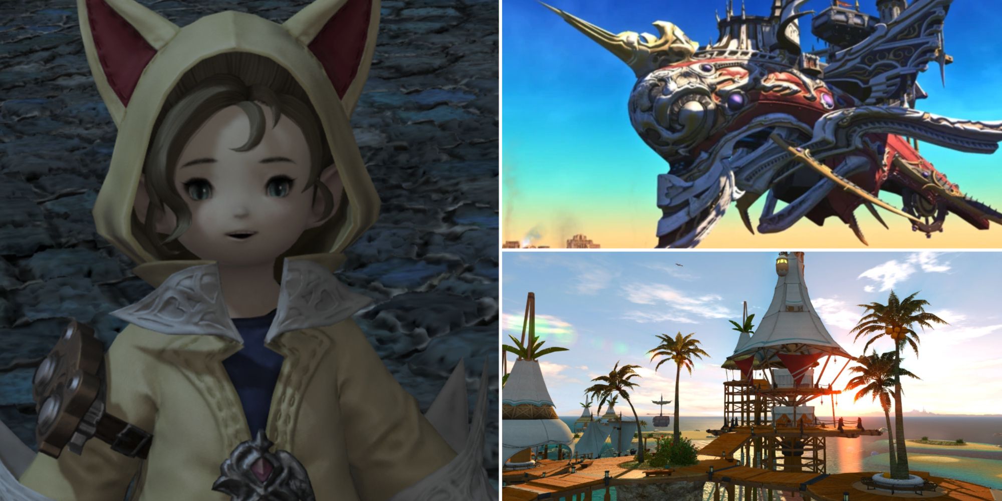The left image showcases Krile from Final Fantasy 14, a Lalafell with a yellow coat that has pointed ears. The top image is the Prima Vista Airship, which has a red, white, gold, and blue color scheme and sharp edges. The bottom right image is a shot of the Costa del Sol beach in the game, showing the palm trees, wooden walkways and condos that overlook the shoreline. 
