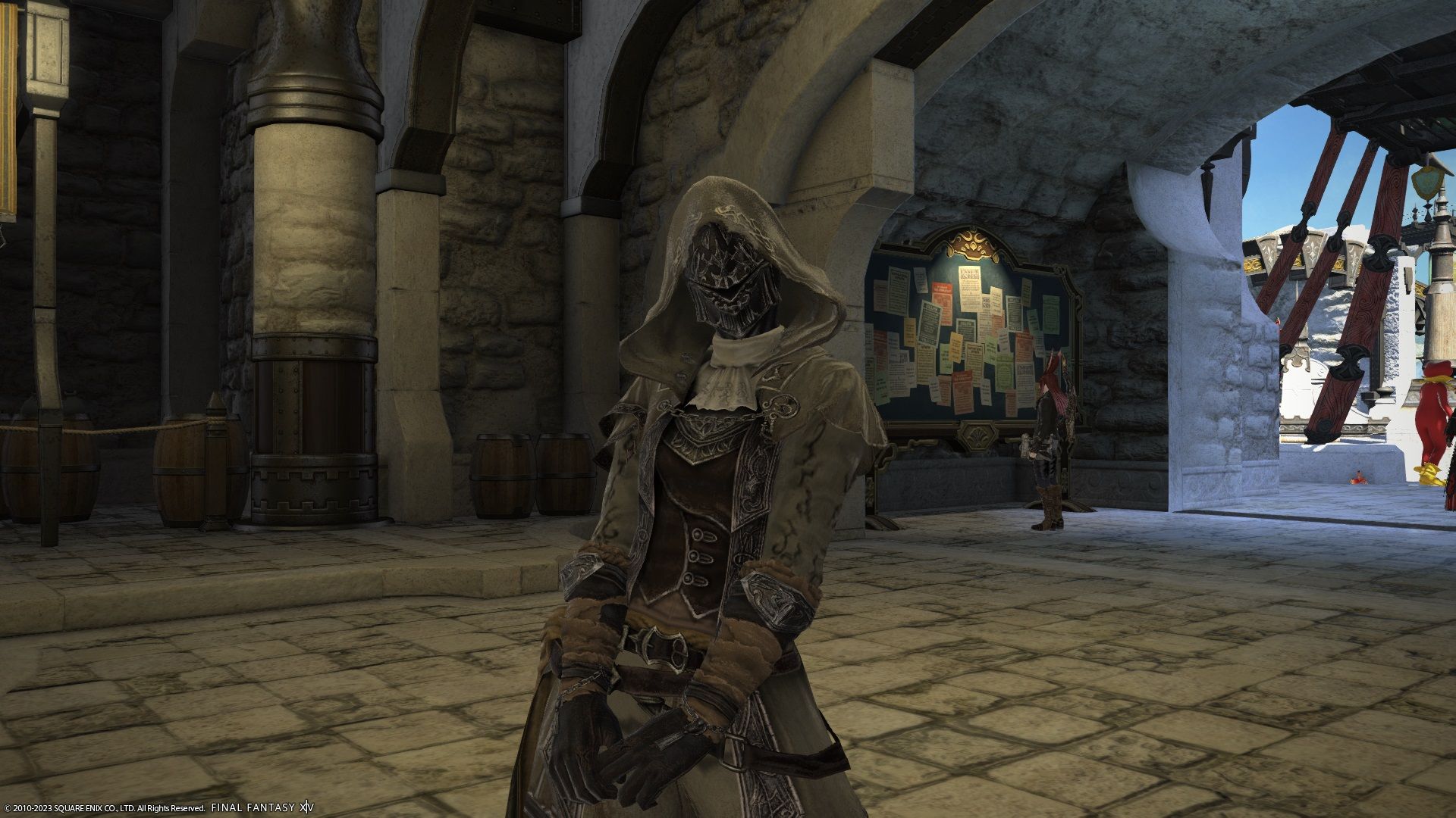 Final Fantasy 14 - A character standing in Limsa Lominsa in Cryptlurker bard gear.