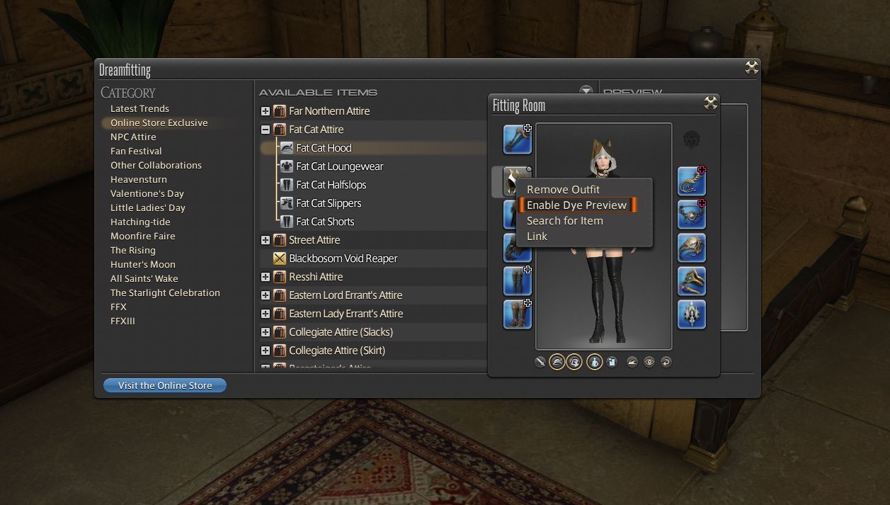 Final Fantasy 14 - A player choosing the Enable Dye Preview option in the Dreamfitting menu.