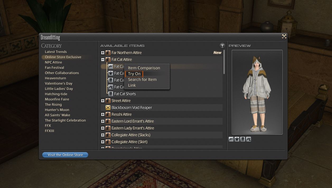 Final Fantasy 14 - A player choosing the Try On option in the Dreamfitting menu.