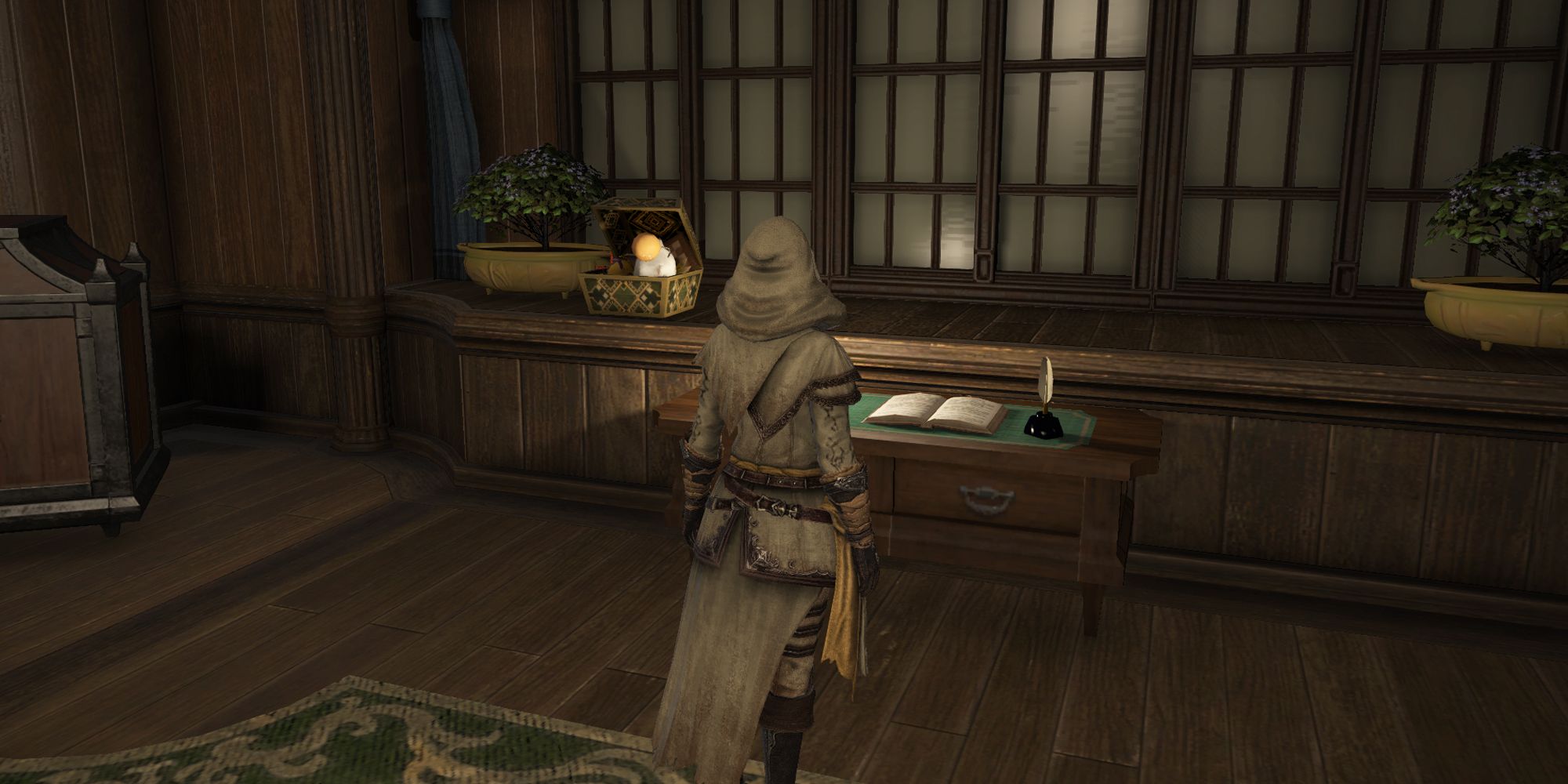 Final Fantasy 14 - A player looking at the unending journey book in an inn room.