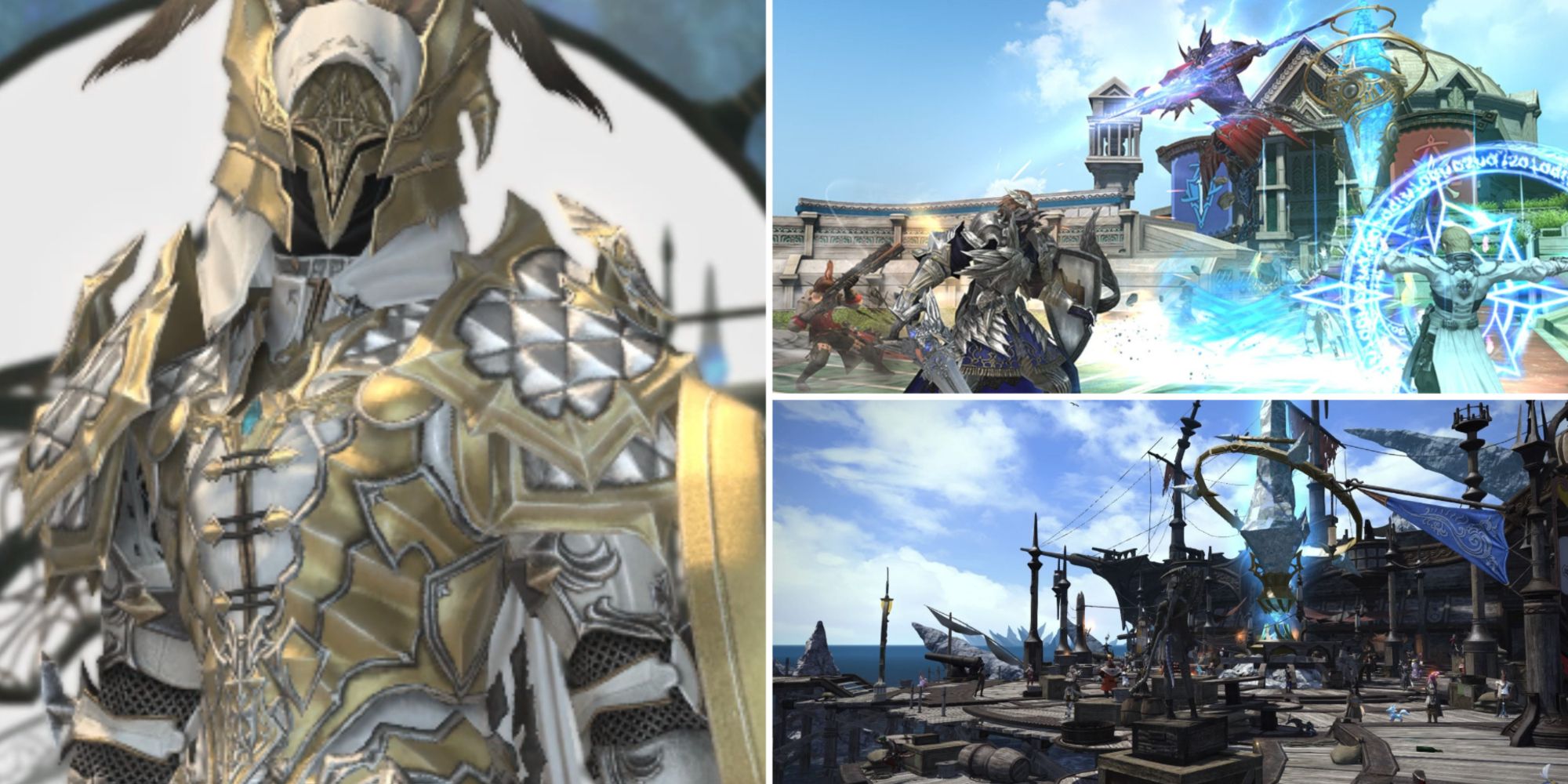 A collage showcasing the False Monarchy Attire (Far Left Box), an on-going match of Crystalline Conflict (Top Right Box), and the Wolves' Pier Den (Lower Right Box), in Final Fantasy 14.