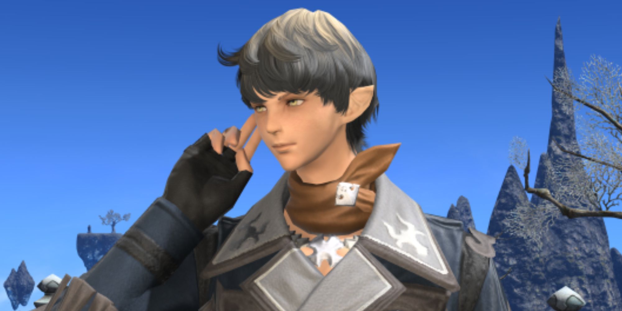 A Warrior of Light putting two fingers behind their ear to activate their Linkpearl, allowing them to communicate to others with a Linkpearl. This is a new Emote available in PvP Series 3 of Final Fantasy 14.