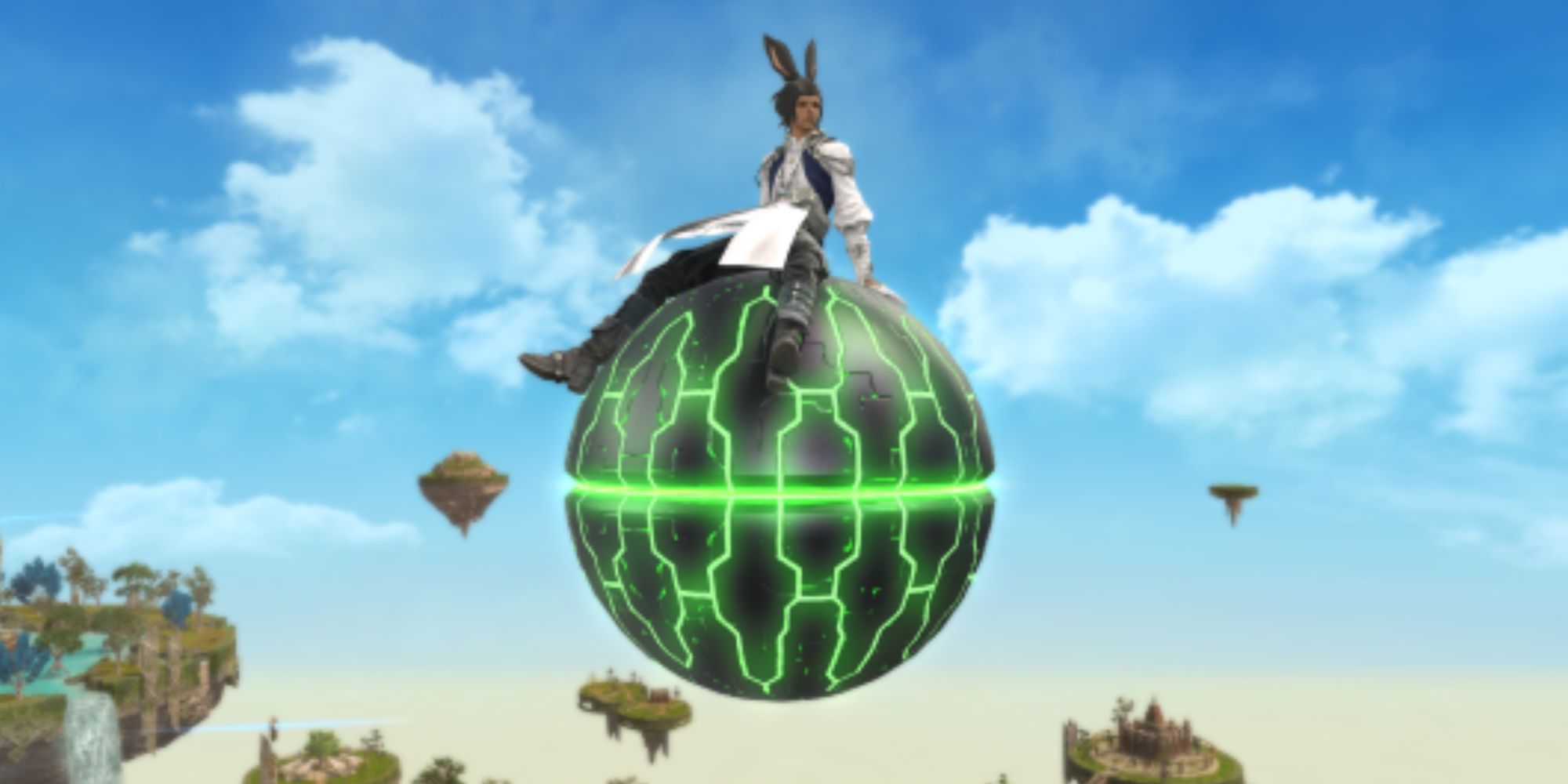 A Viera sitting atop a large spherical drone that has bright green lights in distinct patterns all around it. This is the Logistics Node Mount obtained via PvP Series 3 Malmstones in Final Fantasy 14.