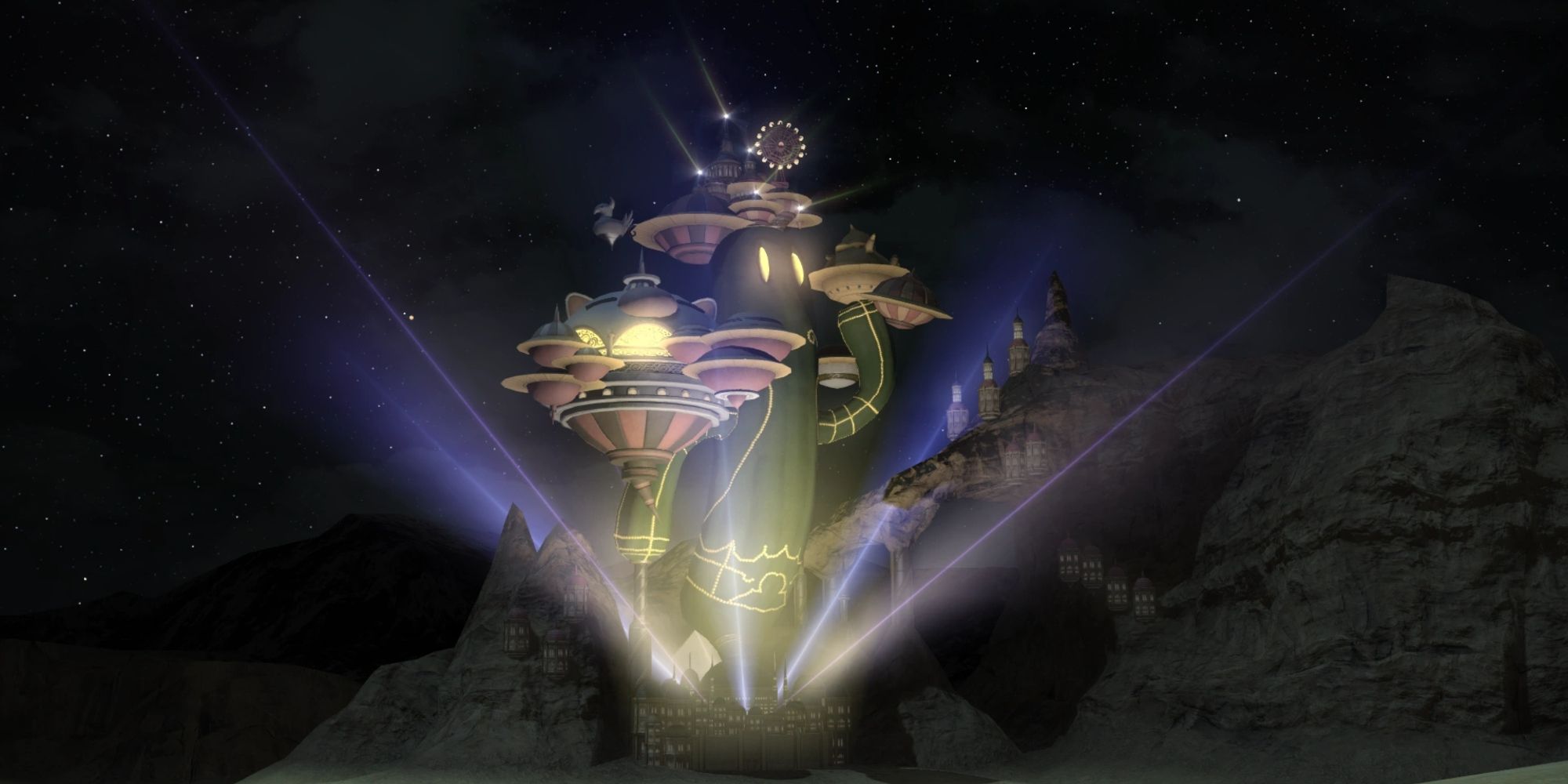 Manderville Golden Saucer in Final Fantasy 14, a large cactuar structure, balancing plates on its arms and head with bright lights shining on them.