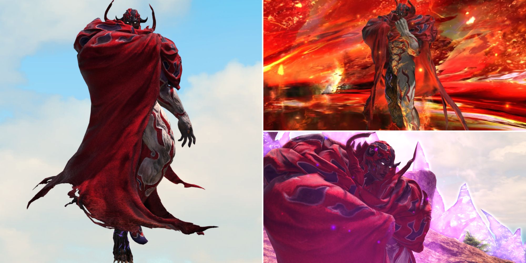A collage of images showcasing the Mount Ordeals Extreme Trial Boss, Rubicante, in Final Fantasy 14. Rubicante is an arch demon with a large red cloak, horns, and sharp claws on his feet.