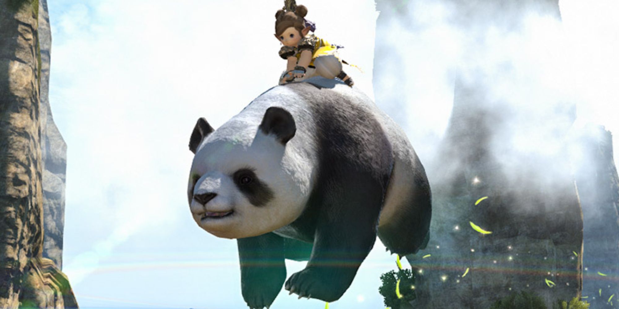 A Lalafell riding on the back of a Panda in front of a waterfall via the Mystic Panda Mount in Final Fantasy 14