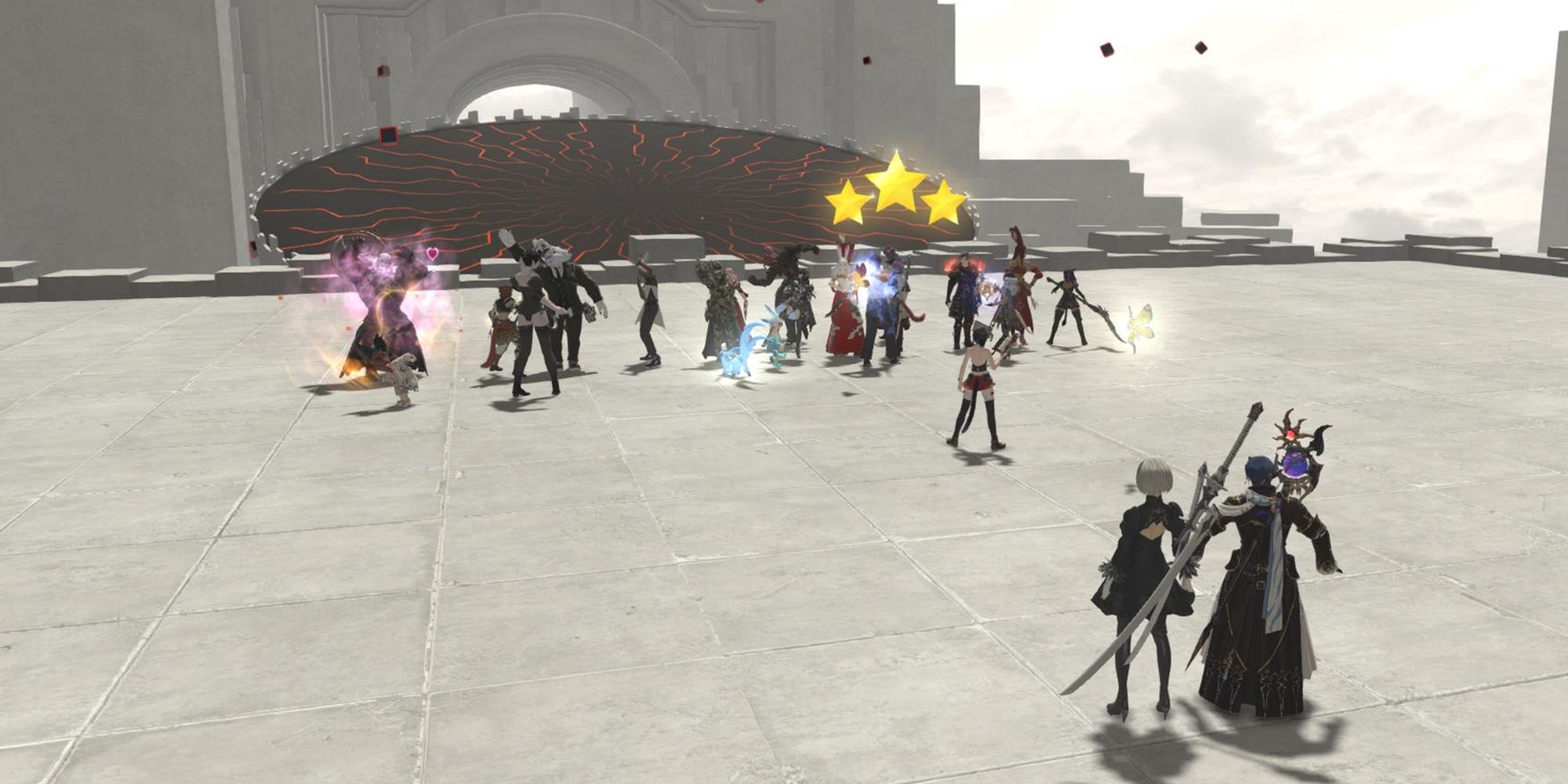 Final Fantasy 14 crowd standing on an empty grey platform with one player having three stars above their head