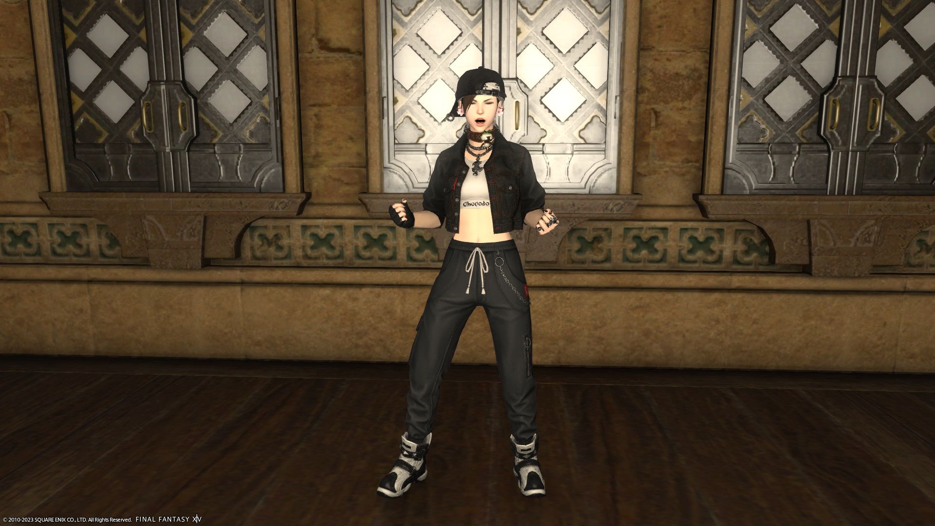 Final Fantasy 14 - Player posing in the streetwear outfit from the optional item store.