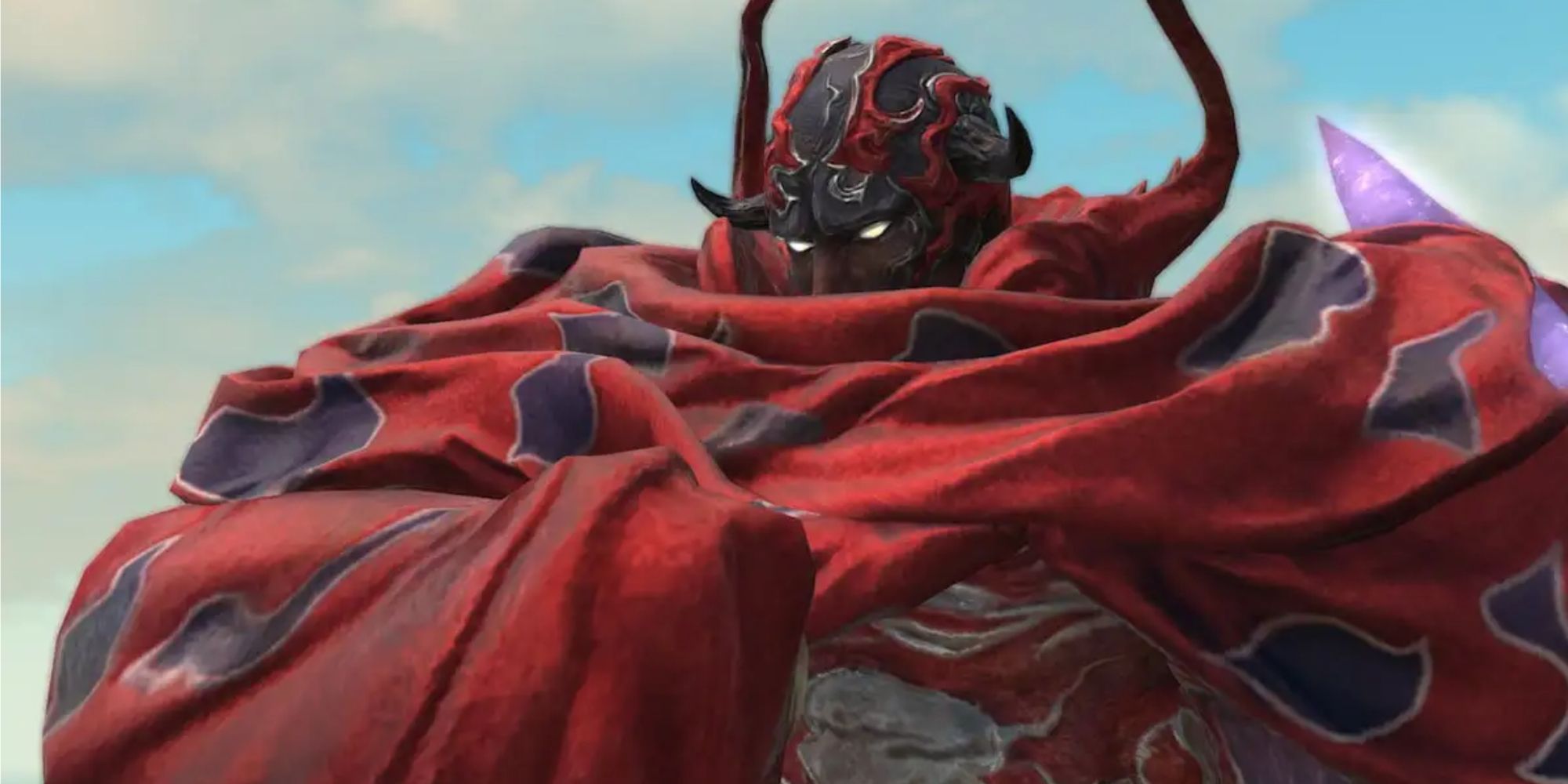 A close up on the face of the arch demon Rubicante during a cutscene before the Mount Ordeals Extreme Trial encounter in Final Fantasy 14